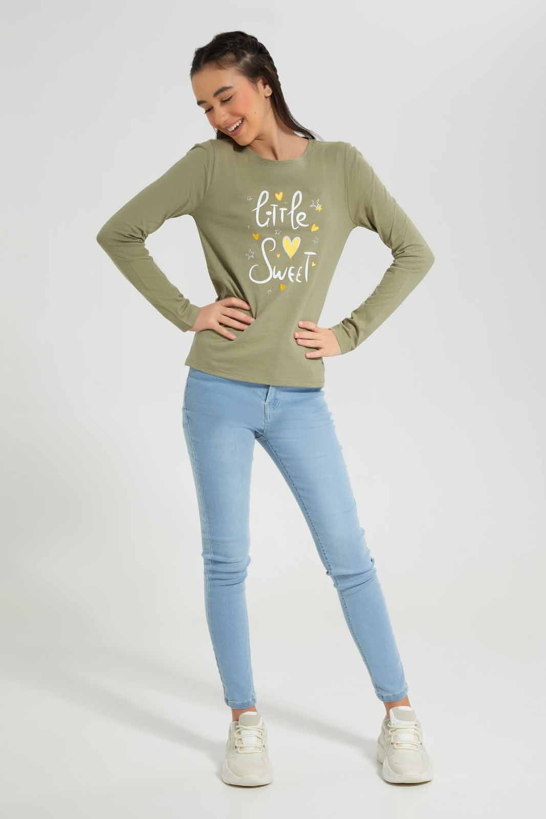 Redtag-Olive-L/s-Placement-Print-Top-Category:T-Shirts,-Colour:Olive,-Deals:New-In,-Filter:Senior-Girls-(8-to-14-Yrs),-GSR-T-Shirts,-New-In-GSR-APL,-Non-Sale,-Section:Girls-(0-to-14Yrs),-TBL,-W22B-Senior-Girls-9 to 14 Years