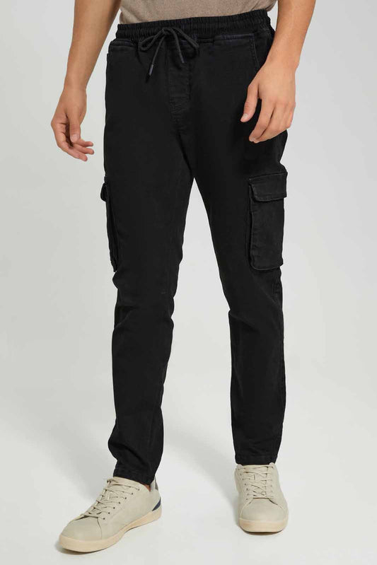 Men Black Cargo Pocket Pull On Jean