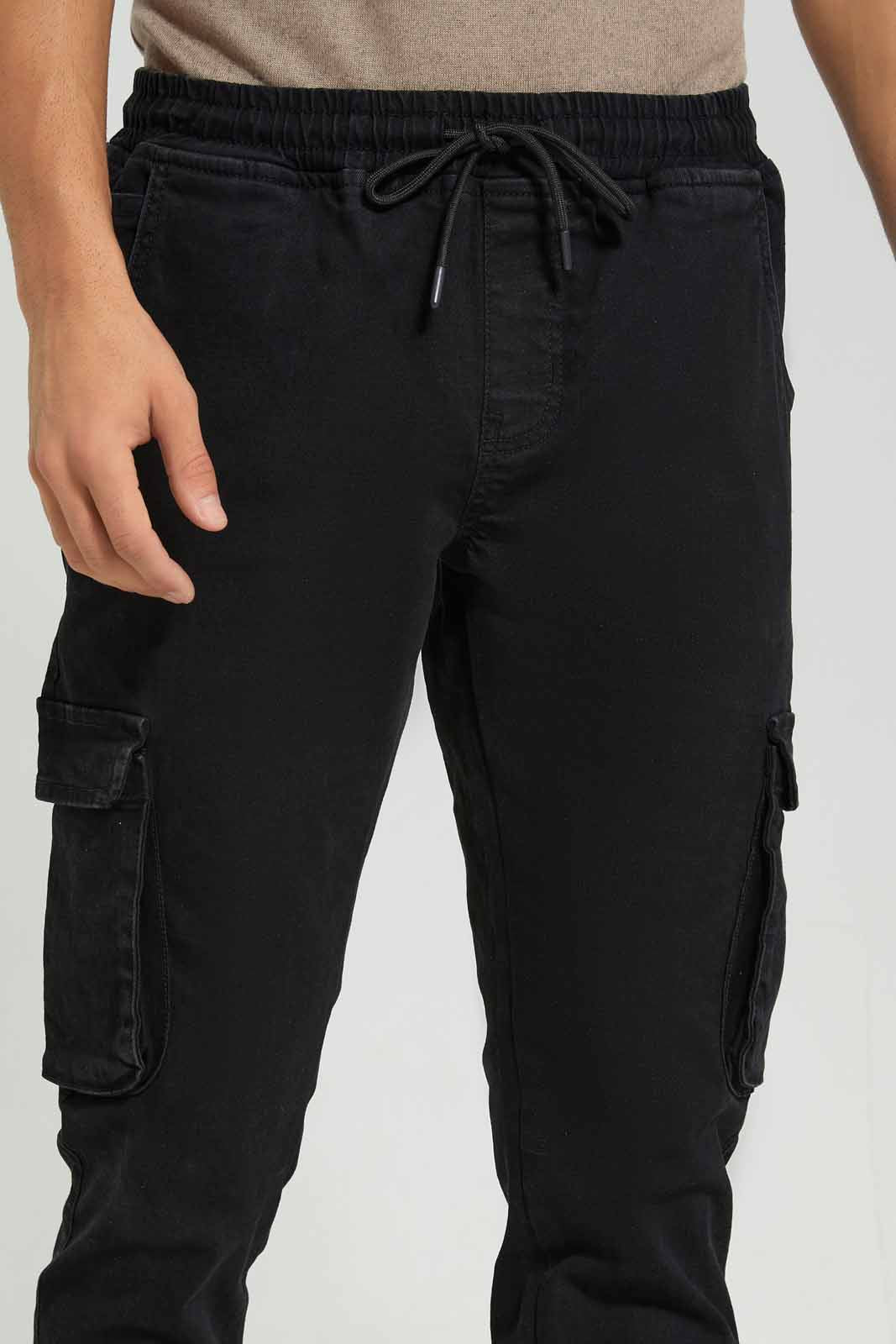 Men Black Cargo Pocket Pull On Jean