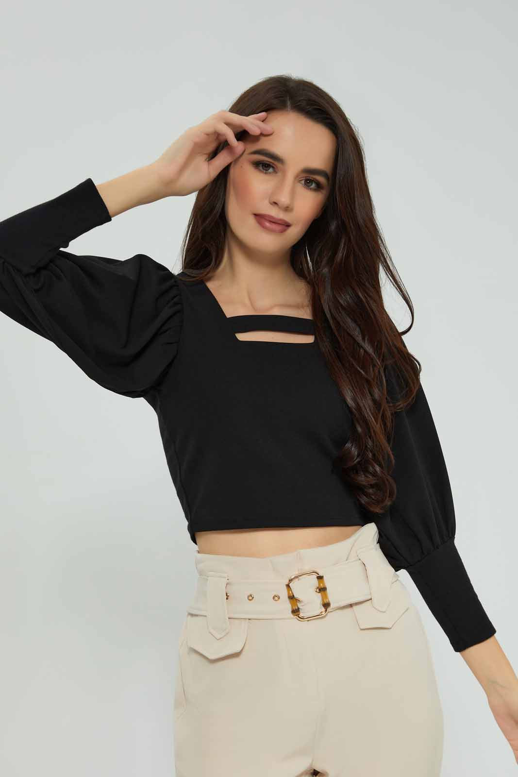 Redtag-Black-Puff-Sleeve-Square-Neck-Top-Category:Tops,-Colour:Black,-Deals:New-In,-Filter:Women's-Clothing,-New-In-Women-APL,-Non-Sale,-Section:Women,-W22A,-Women-Tops-Women's-
