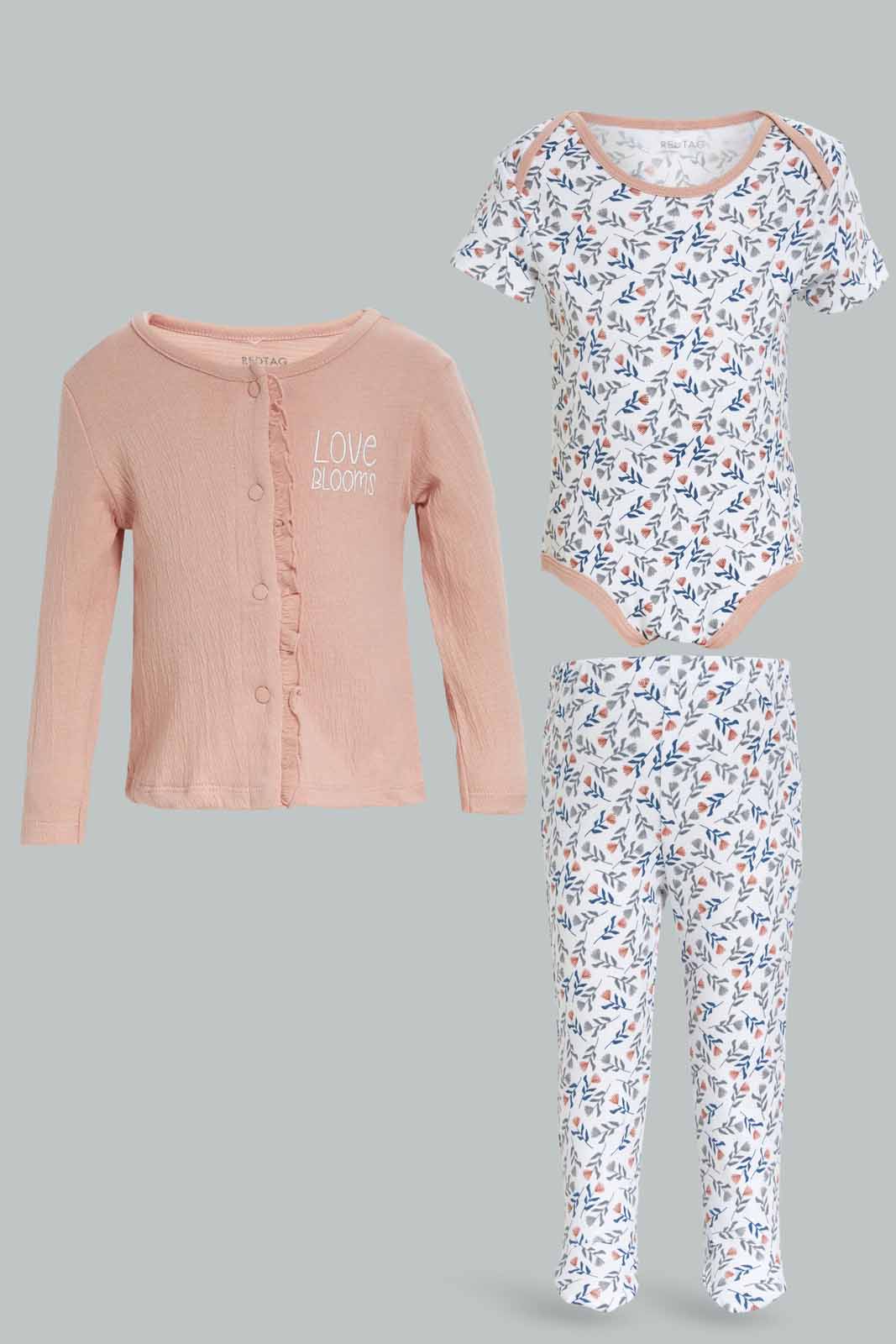 Redtag-CRINKLE-3PC-SET-PINK-Category:Gift-Sets,-Colour:Apricot,-Deals:New-In,-Dept:New-Born,-Filter:Baby-(0-to-12-Mths),-NBG-Gift-Sets,-New-In-NBG-APL,-Non-Sale,-Section:Girls-(0-to-14Yrs),-W22B-Baby-0 to 12 Months