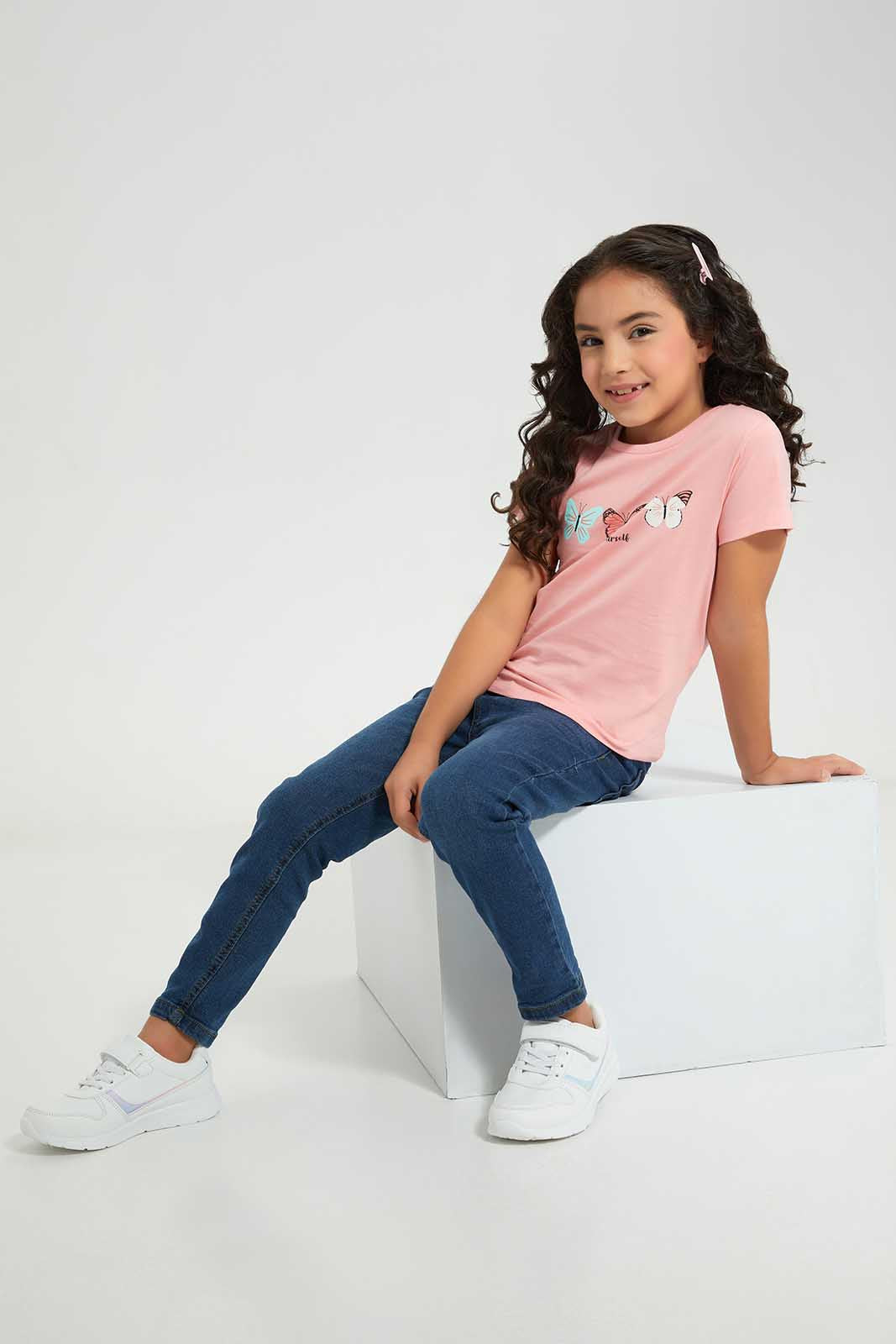 Redtag-Basic-Tee---Pink-Butterfly-Category:T-Shirts,-Colour:Apricot,-Deals:New-In,-Filter:Girls-(2-to-8-Yrs),-GIR-T-Shirts,-New-In-GIR-APL,-Non-Sale,-Section:Girls-(0-to-14Yrs),-TBL,-W22A-Girls-2 to 8 Years