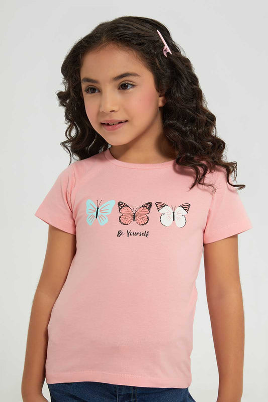 Redtag-Basic-Tee---Pink-Butterfly-Category:T-Shirts,-Colour:Apricot,-Deals:New-In,-Filter:Girls-(2-to-8-Yrs),-GIR-T-Shirts,-New-In-GIR-APL,-Non-Sale,-Section:Girls-(0-to-14Yrs),-TBL,-W22A-Girls-2 to 8 Years
