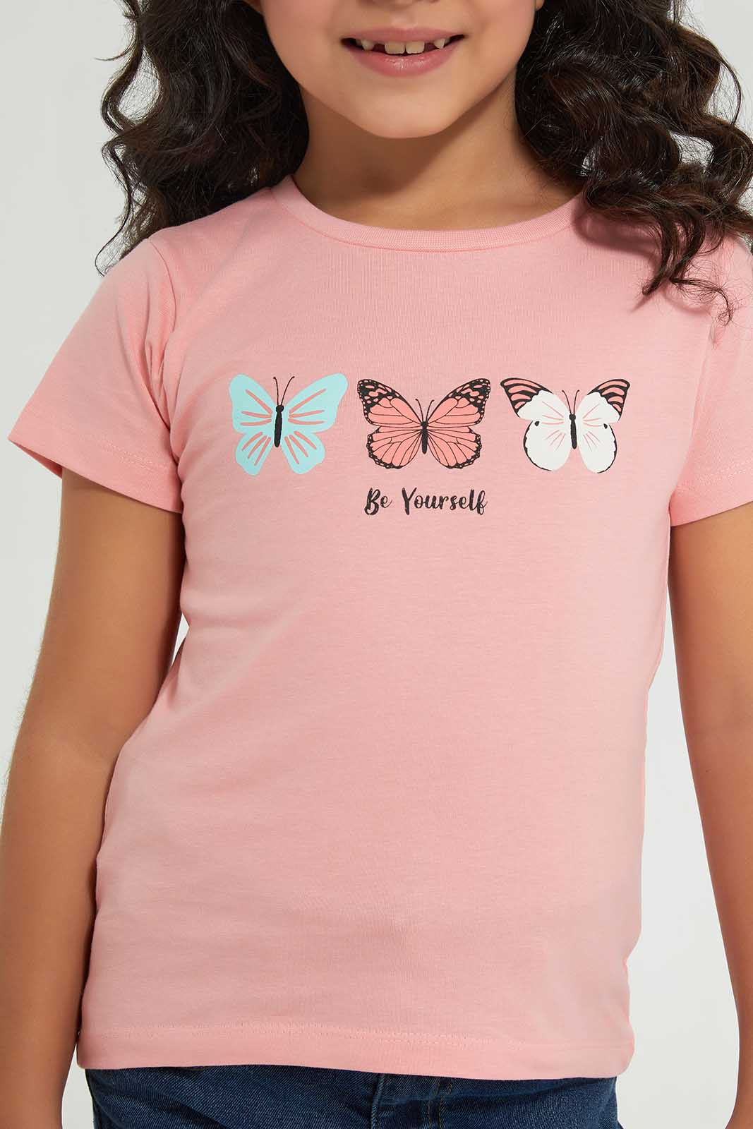 Redtag-Basic-Tee---Pink-Butterfly-Category:T-Shirts,-Colour:Apricot,-Deals:New-In,-Filter:Girls-(2-to-8-Yrs),-GIR-T-Shirts,-New-In-GIR-APL,-Non-Sale,-Section:Girls-(0-to-14Yrs),-TBL,-W22A-Girls-2 to 8 Years