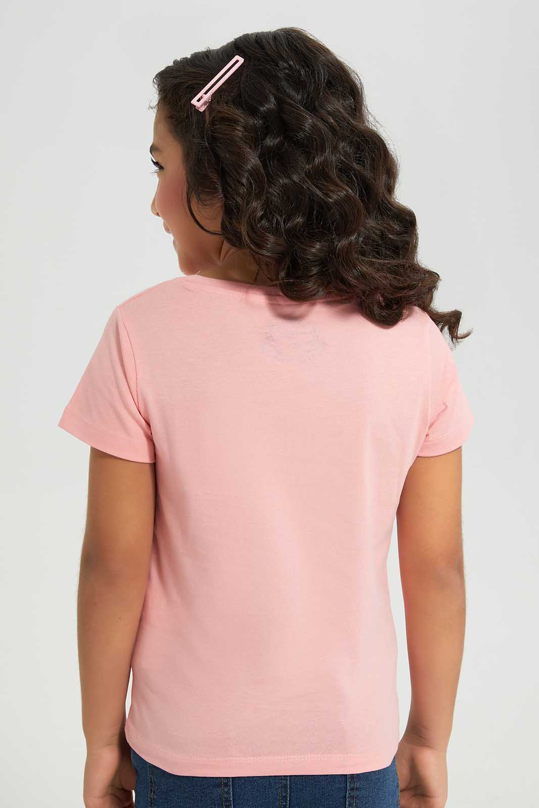 Redtag-Basic-Tee---Pink-Butterfly-Category:T-Shirts,-Colour:Apricot,-Deals:New-In,-Filter:Girls-(2-to-8-Yrs),-GIR-T-Shirts,-New-In-GIR-APL,-Non-Sale,-Section:Girls-(0-to-14Yrs),-TBL,-W22A-Girls-2 to 8 Years