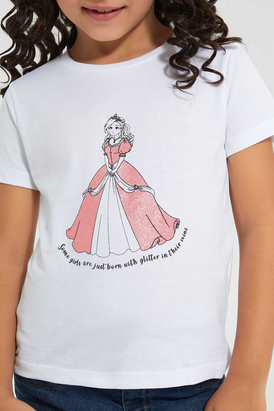 Redtag-Basic-White---Princess-Category:T-Shirts,-Colour:White,-Deals:New-In,-Filter:Girls-(2-to-8-Yrs),-GIR-T-Shirts,-New-In-GIR-APL,-Non-Sale,-Section:Girls-(0-to-14Yrs),-TBL,-W22A-Girls-2 to 8 Years