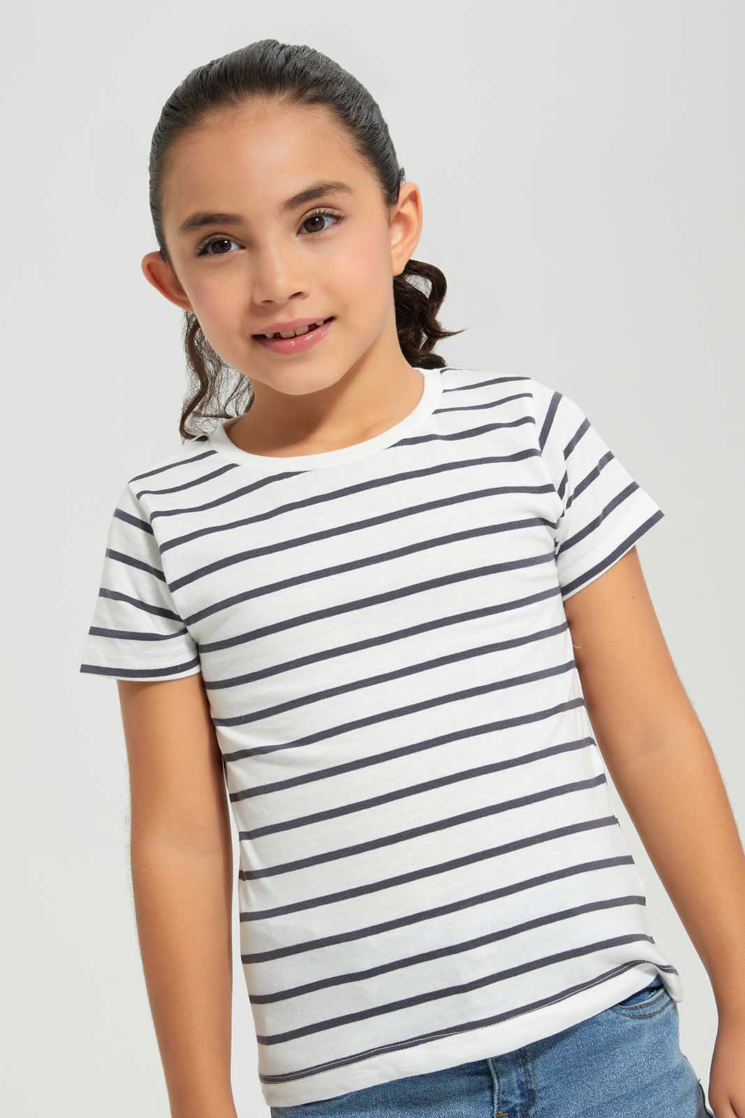 Redtag-Basic-Tee-AOP-Stripe-Grey-&-White-Category:T-Shirts,-Colour:White,-Deals:New-In,-Filter:Girls-(2-to-8-Yrs),-GIR-T-Shirts,-New-In-GIR-APL,-Non-Sale,-Section:Girls-(0-to-14Yrs),-TBL,-W22A-Girls-2 to 8 Years