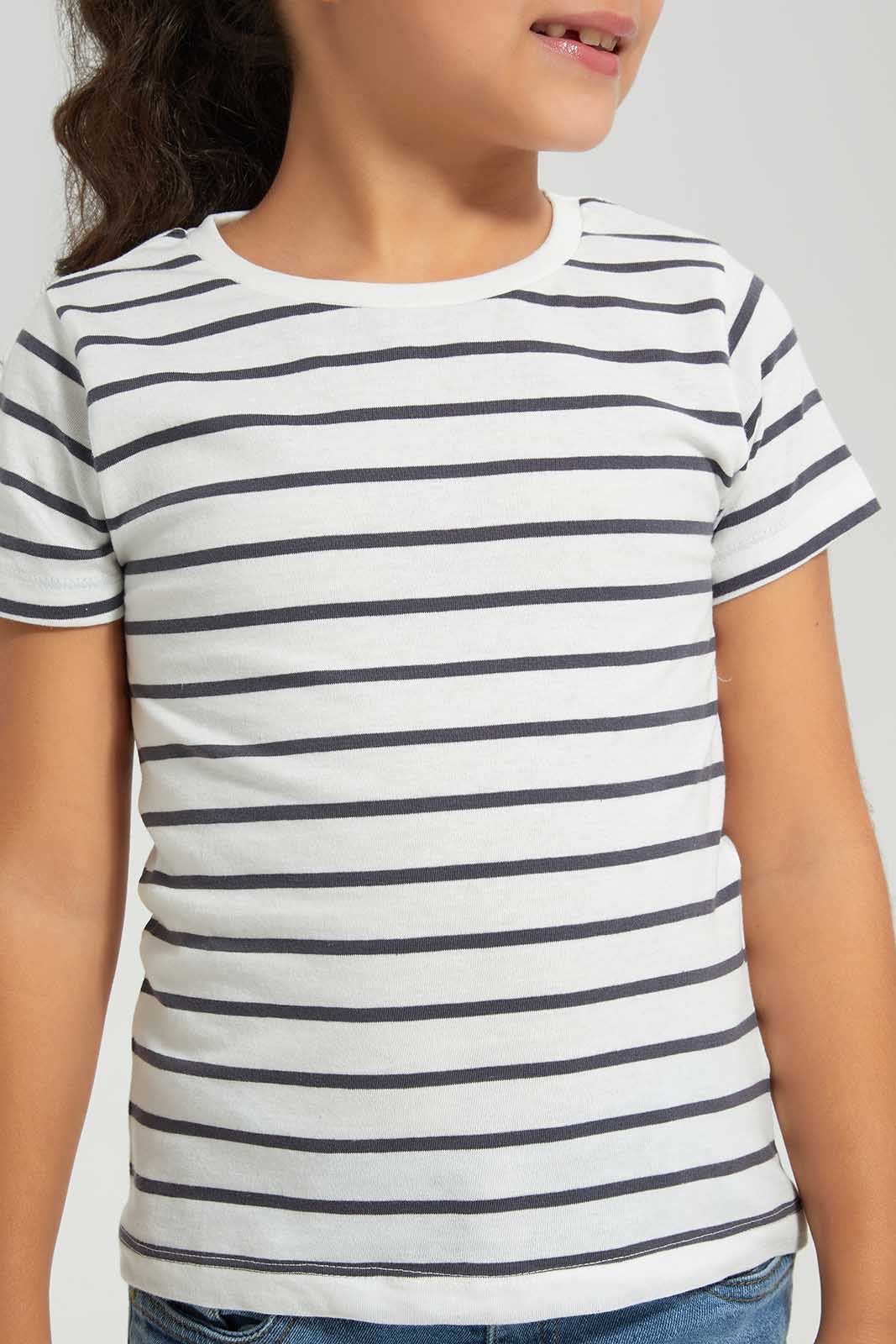 Redtag-Basic-Tee-AOP-Stripe-Grey-&-White-Category:T-Shirts,-Colour:White,-Deals:New-In,-Filter:Girls-(2-to-8-Yrs),-GIR-T-Shirts,-New-In-GIR-APL,-Non-Sale,-Section:Girls-(0-to-14Yrs),-TBL,-W22A-Girls-2 to 8 Years