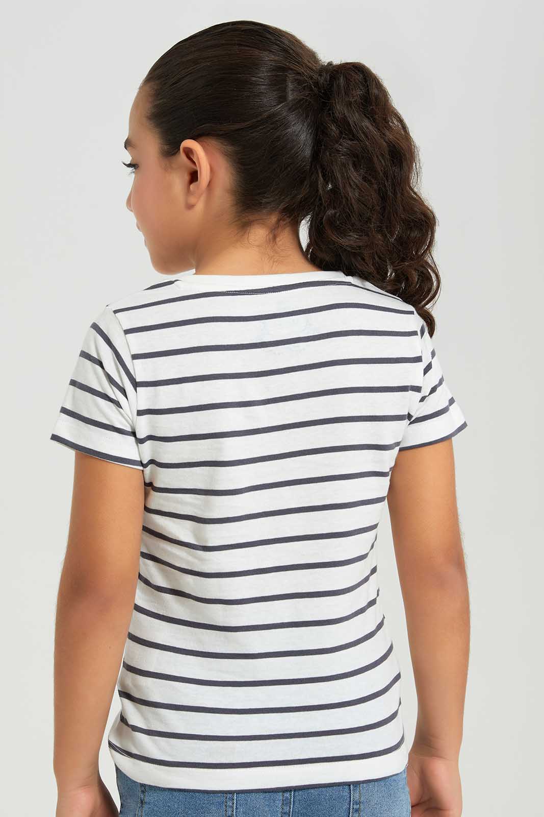 Redtag-Basic-Tee-AOP-Stripe-Grey-&-White-Category:T-Shirts,-Colour:White,-Deals:New-In,-Filter:Girls-(2-to-8-Yrs),-GIR-T-Shirts,-New-In-GIR-APL,-Non-Sale,-Section:Girls-(0-to-14Yrs),-TBL,-W22A-Girls-2 to 8 Years