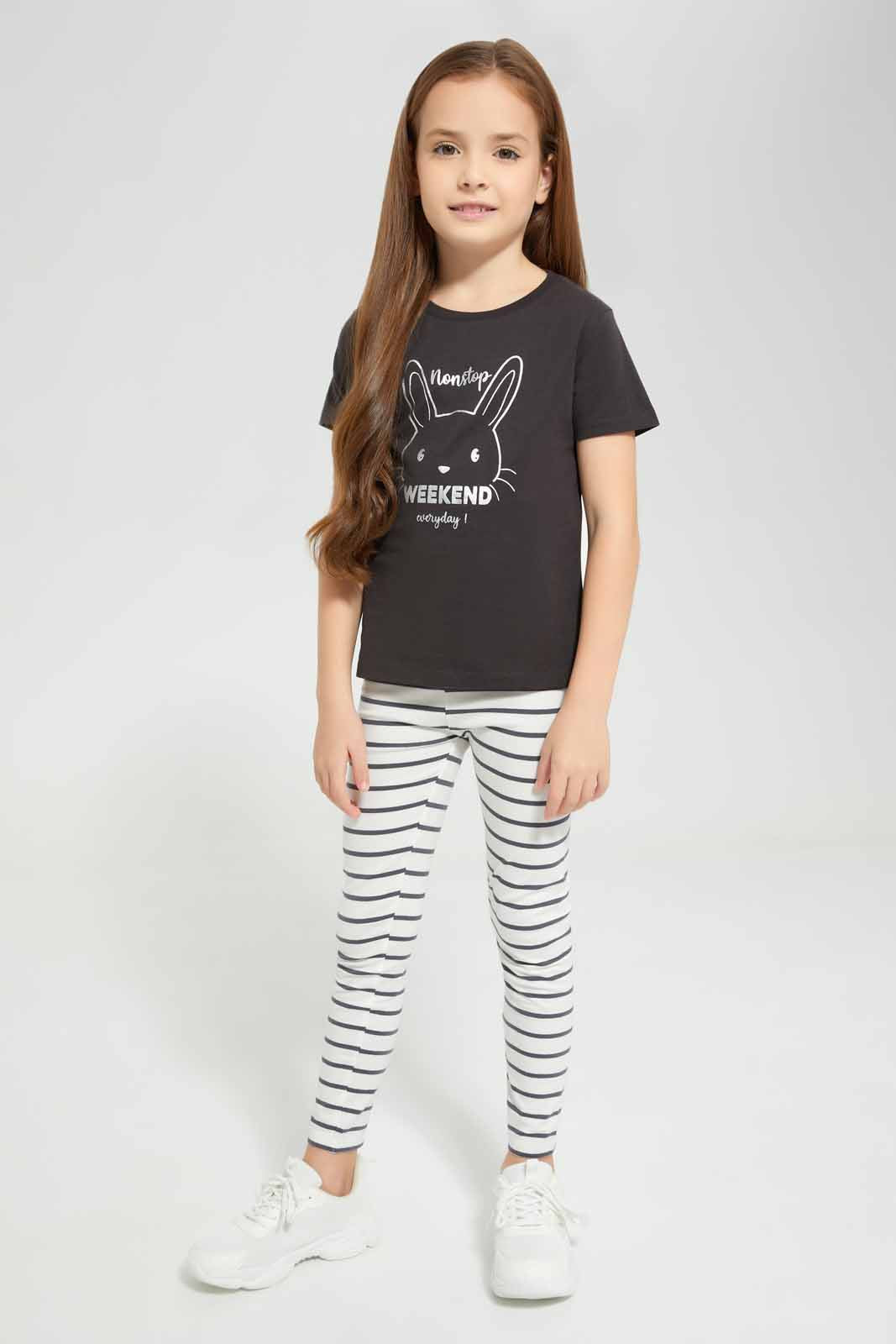 Redtag-Basic-Tee---weekend-Fun-Charcoall-Tee-Category:T-Shirts,-Colour:Charcoal,-Deals:New-In,-Filter:Girls-(2-to-8-Yrs),-GIR-T-Shirts,-New-In-GIR-APL,-Non-Sale,-Section:Girls-(0-to-14Yrs),-TBL,-W22A-Girls-2 to 8 Years
