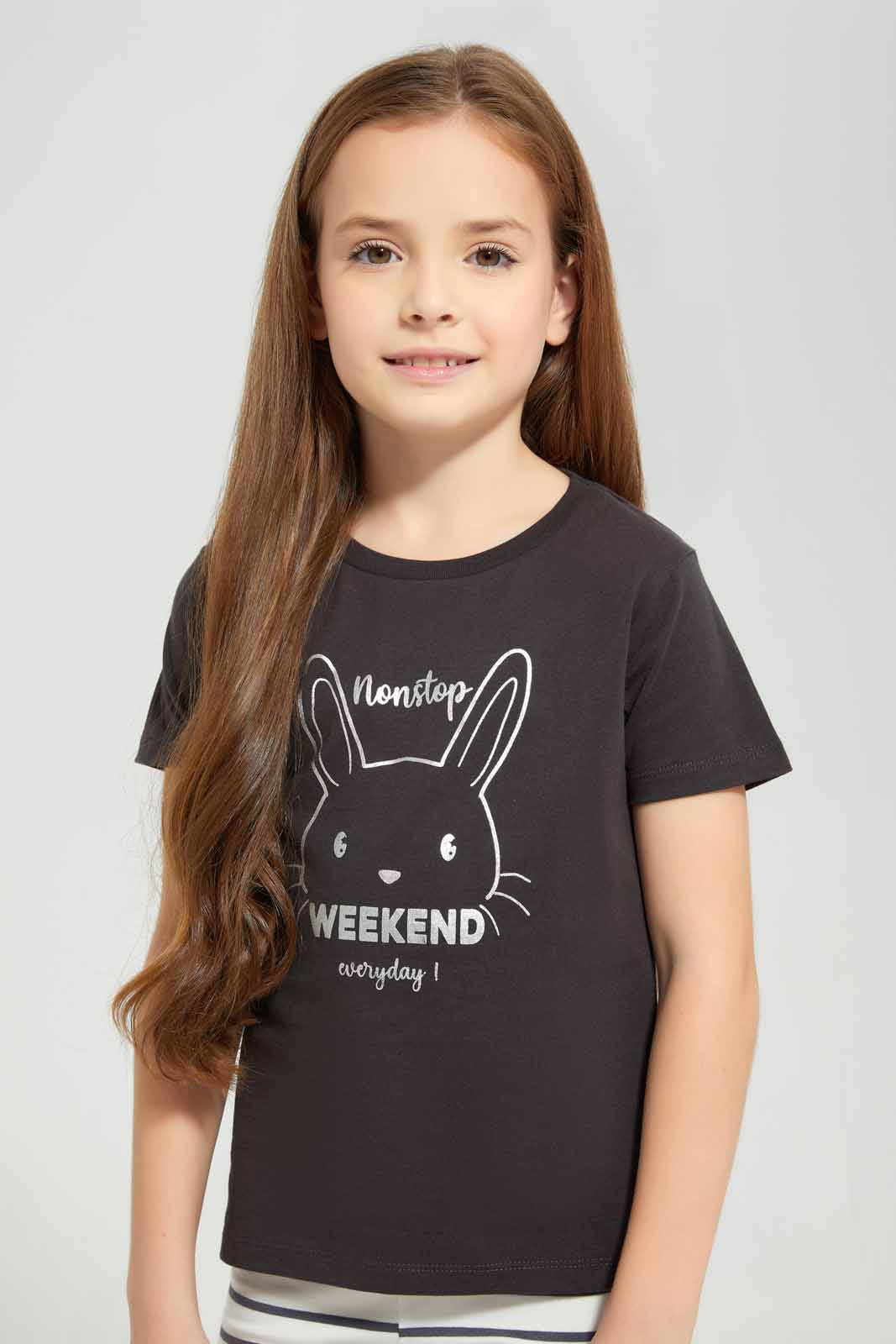 Redtag-Basic-Tee---weekend-Fun-Charcoall-Tee-Category:T-Shirts,-Colour:Charcoal,-Deals:New-In,-Filter:Girls-(2-to-8-Yrs),-GIR-T-Shirts,-New-In-GIR-APL,-Non-Sale,-Section:Girls-(0-to-14Yrs),-TBL,-W22A-Girls-2 to 8 Years