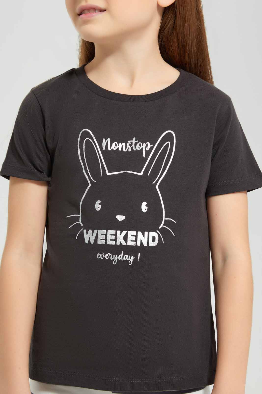 Redtag-Basic-Tee---weekend-Fun-Charcoall-Tee-Category:T-Shirts,-Colour:Charcoal,-Deals:New-In,-Filter:Girls-(2-to-8-Yrs),-GIR-T-Shirts,-New-In-GIR-APL,-Non-Sale,-Section:Girls-(0-to-14Yrs),-TBL,-W22A-Girls-2 to 8 Years