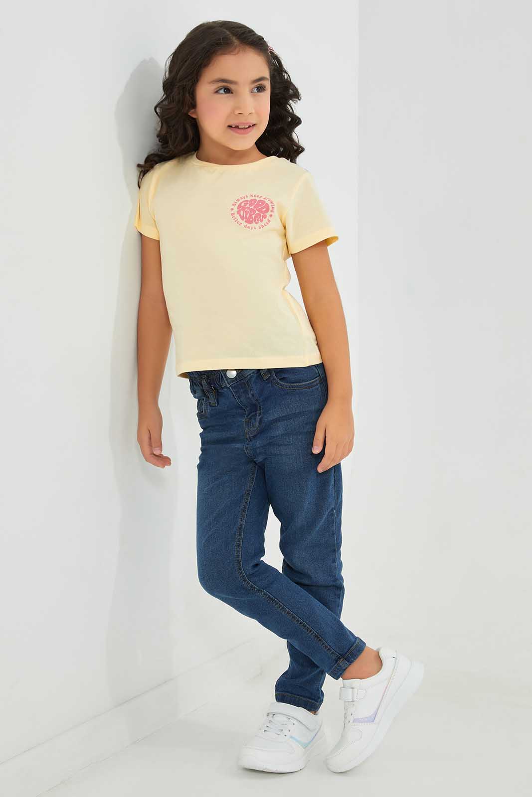 Redtag-Badic-Tee---Soft-Yellow-Play-Category:T-Shirts,-Colour:Yellow,-Deals:New-In,-Filter:Girls-(2-to-8-Yrs),-GIR-T-Shirts,-New-In-GIR-APL,-Non-Sale,-Section:Girls-(0-to-14Yrs),-TBL,-W22A-Girls-2 to 8 Years