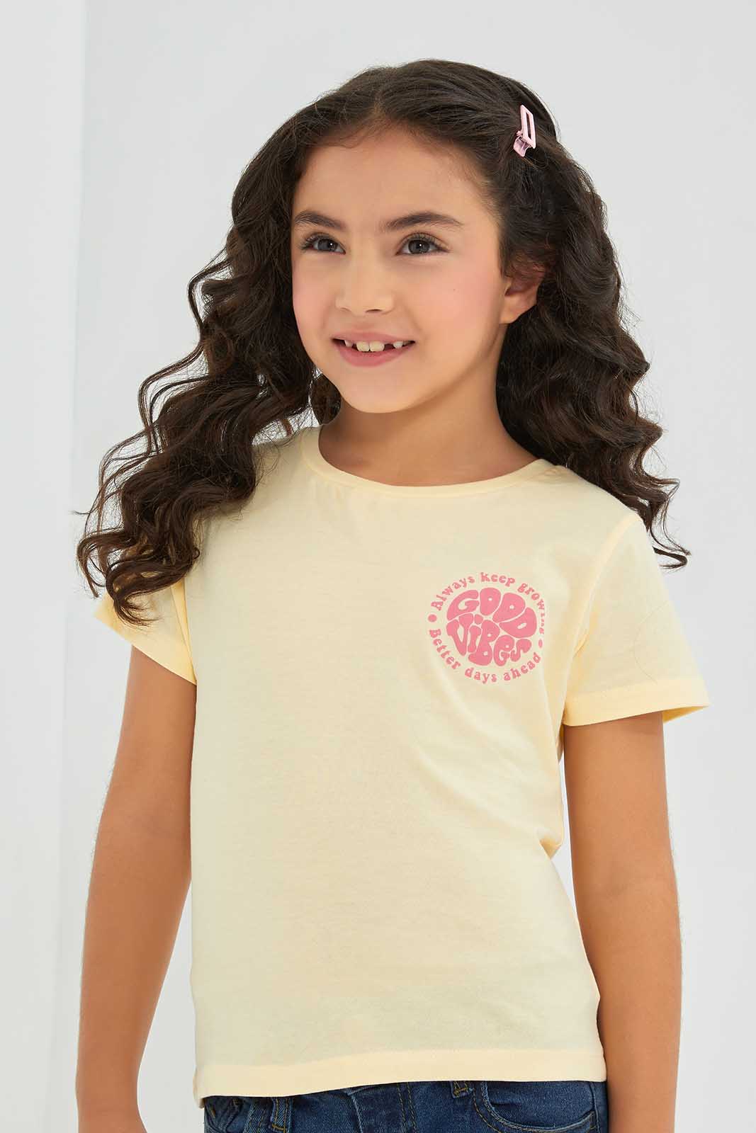 Redtag-Badic-Tee---Soft-Yellow-Play-Category:T-Shirts,-Colour:Yellow,-Deals:New-In,-Filter:Girls-(2-to-8-Yrs),-GIR-T-Shirts,-New-In-GIR-APL,-Non-Sale,-Section:Girls-(0-to-14Yrs),-TBL,-W22A-Girls-2 to 8 Years