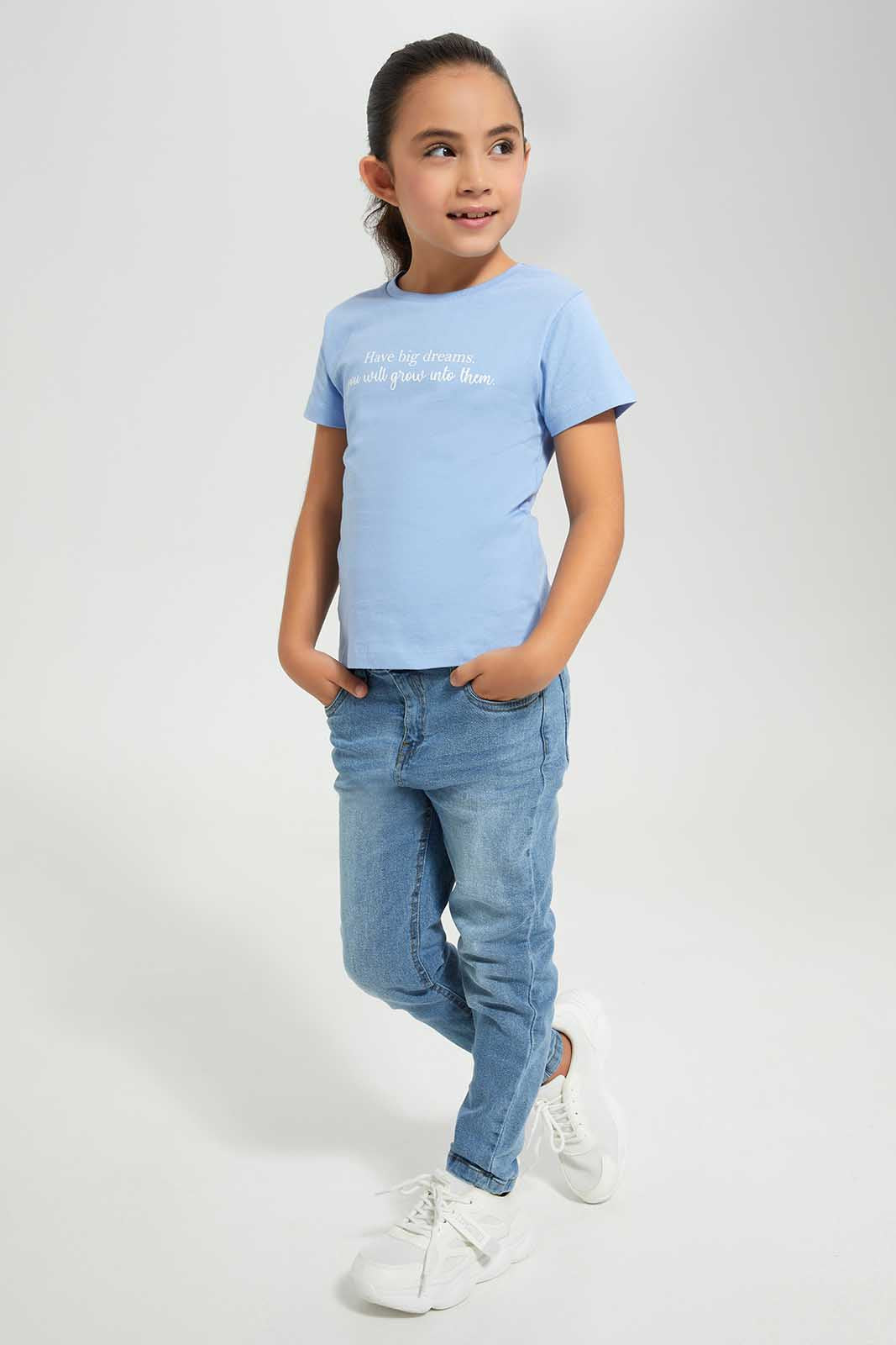 Redtag-Basic-Tee---Slogan-Baby-Blue-Category:T-Shirts,-Colour:Blue,-Deals:New-In,-Filter:Girls-(2-to-8-Yrs),-GIR-T-Shirts,-New-In-GIR-APL,-Non-Sale,-Section:Girls-(0-to-14Yrs),-TBL,-W22A-Girls-2 to 8 Years
