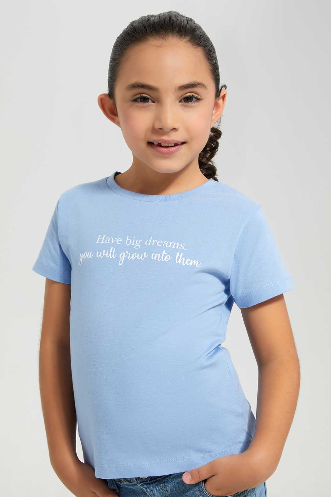 Redtag-Basic-Tee---Slogan-Baby-Blue-Category:T-Shirts,-Colour:Blue,-Deals:New-In,-Filter:Girls-(2-to-8-Yrs),-GIR-T-Shirts,-New-In-GIR-APL,-Non-Sale,-Section:Girls-(0-to-14Yrs),-TBL,-W22A-Girls-2 to 8 Years