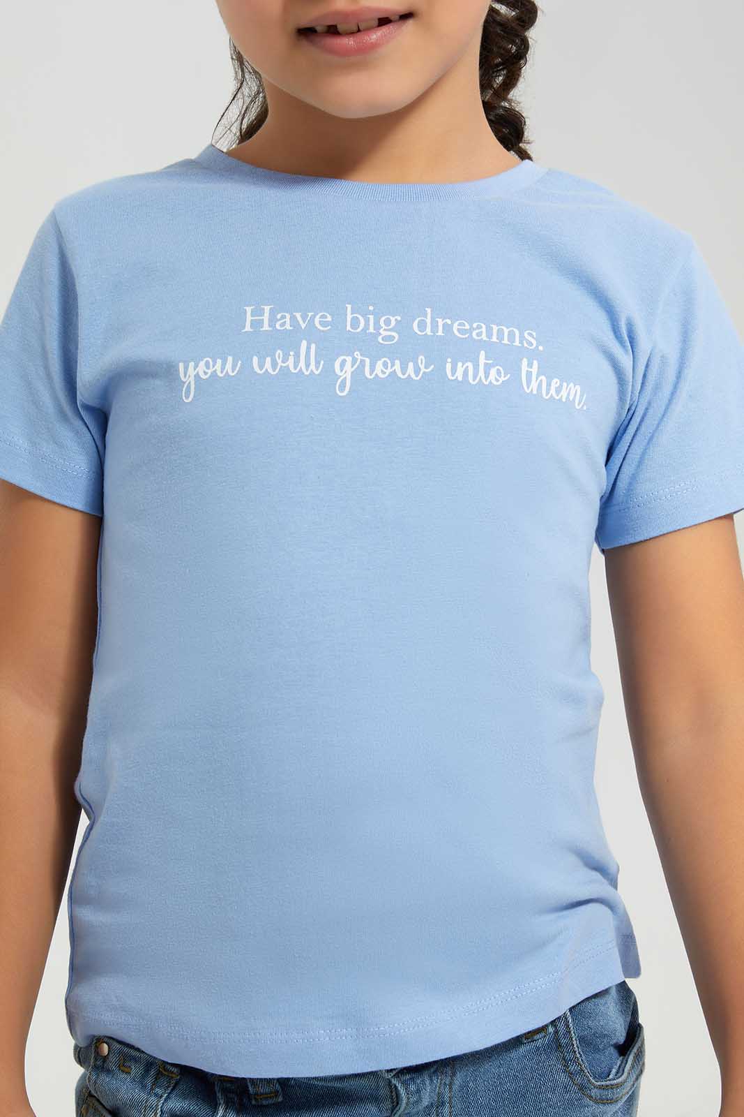 Redtag-Basic-Tee---Slogan-Baby-Blue-Category:T-Shirts,-Colour:Blue,-Deals:New-In,-Filter:Girls-(2-to-8-Yrs),-GIR-T-Shirts,-New-In-GIR-APL,-Non-Sale,-Section:Girls-(0-to-14Yrs),-TBL,-W22A-Girls-2 to 8 Years