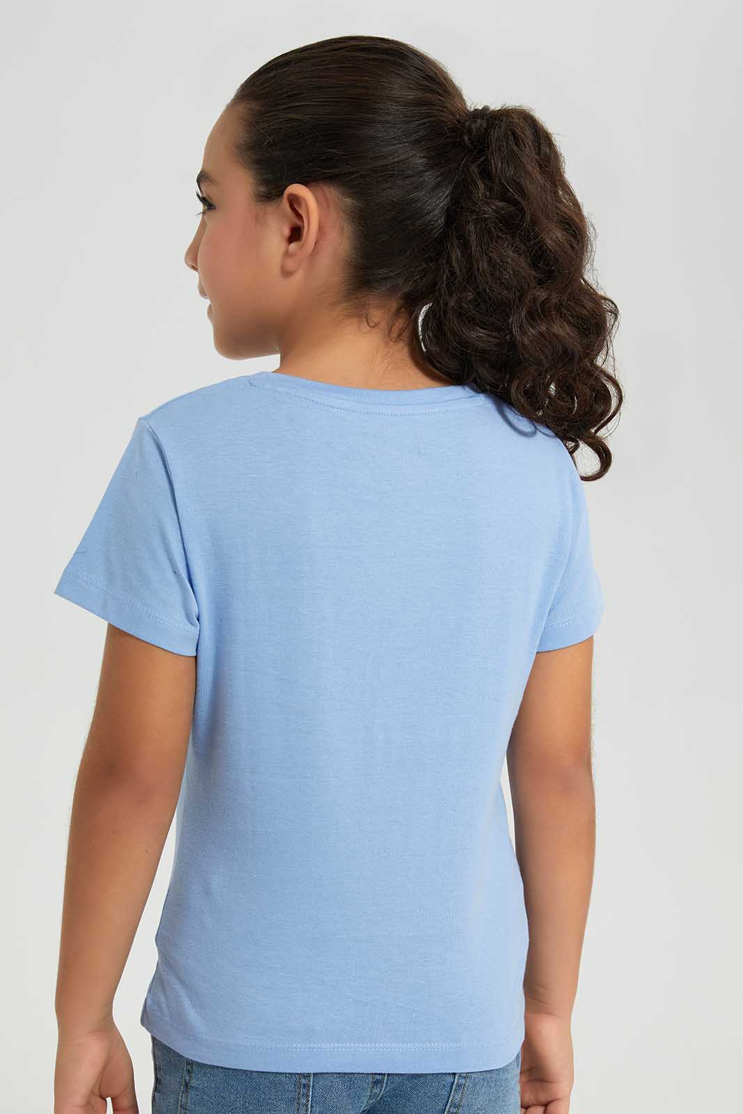 Redtag-Basic-Tee---Slogan-Baby-Blue-Category:T-Shirts,-Colour:Blue,-Deals:New-In,-Filter:Girls-(2-to-8-Yrs),-GIR-T-Shirts,-New-In-GIR-APL,-Non-Sale,-Section:Girls-(0-to-14Yrs),-TBL,-W22A-Girls-2 to 8 Years
