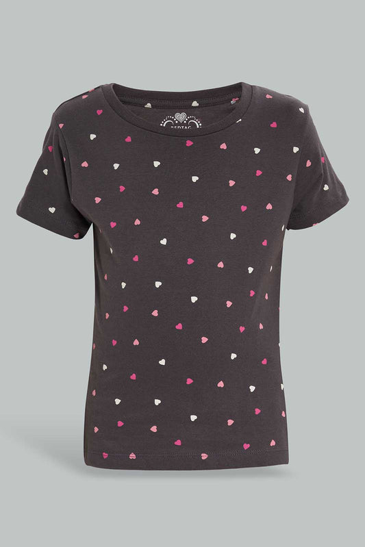 Redtag-Basic-Tee---Aop-Heart-Charcoal-Category:T-Shirts,-Colour:Charcoal,-Deals:New-In,-Filter:Girls-(2-to-8-Yrs),-GIR-T-Shirts,-New-In-GIR-APL,-Non-Sale,-Section:Girls-(0-to-14Yrs),-TBL,-W22A-Girls-2 to 8 Years