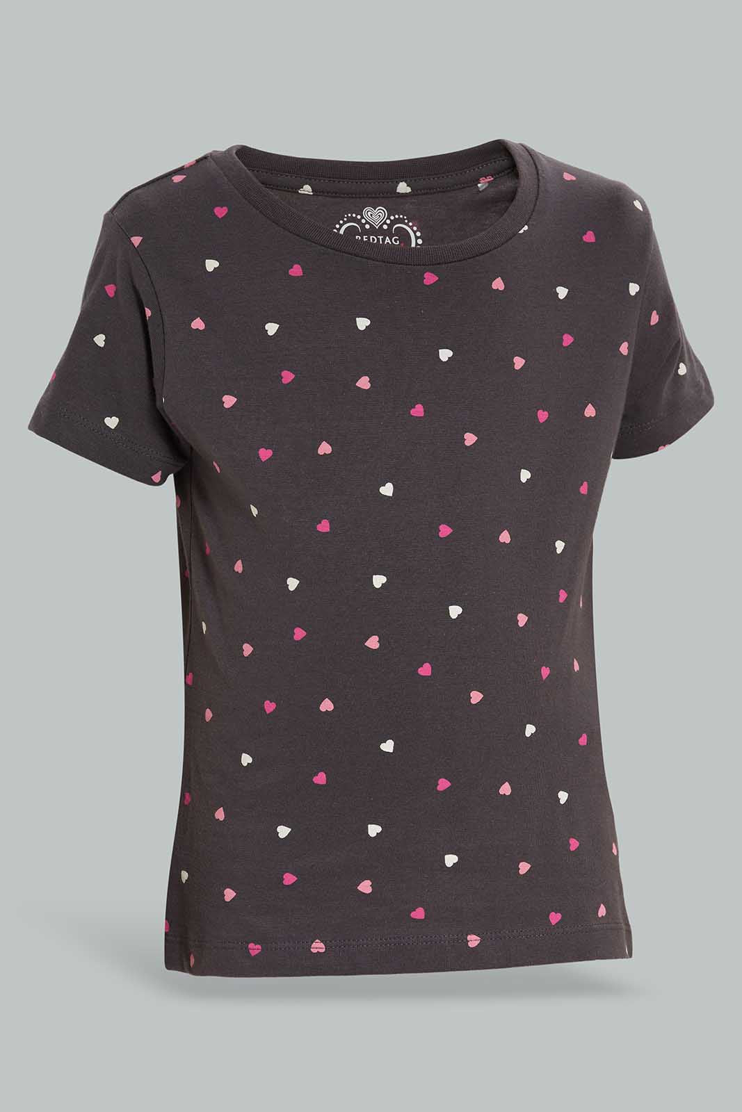 Redtag-Basic-Tee---Aop-Heart-Charcoal-Category:T-Shirts,-Colour:Charcoal,-Deals:New-In,-Filter:Girls-(2-to-8-Yrs),-GIR-T-Shirts,-New-In-GIR-APL,-Non-Sale,-Section:Girls-(0-to-14Yrs),-TBL,-W22A-Girls-2 to 8 Years