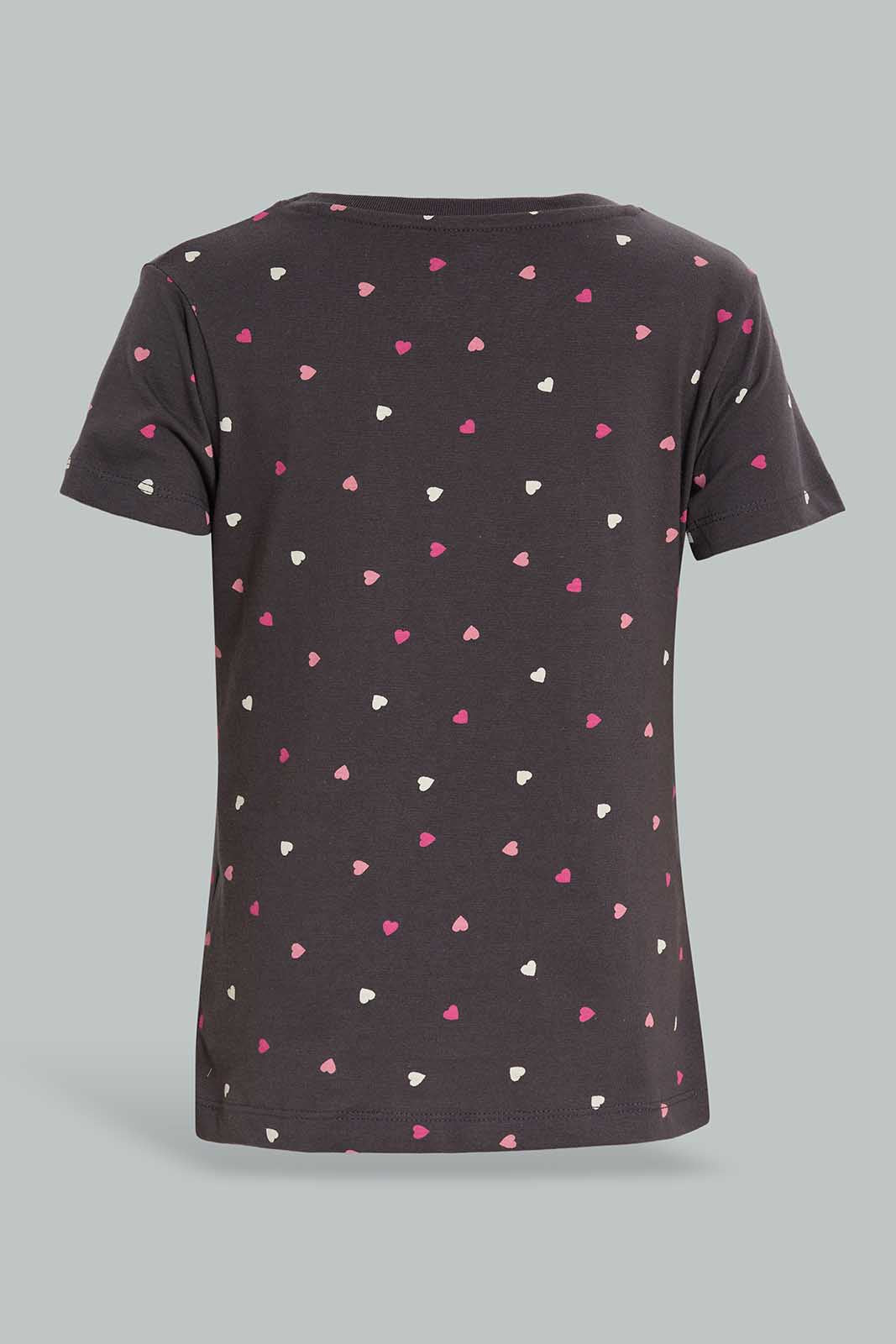 Redtag-Basic-Tee---Aop-Heart-Charcoal-Category:T-Shirts,-Colour:Charcoal,-Deals:New-In,-Filter:Girls-(2-to-8-Yrs),-GIR-T-Shirts,-New-In-GIR-APL,-Non-Sale,-Section:Girls-(0-to-14Yrs),-TBL,-W22A-Girls-2 to 8 Years