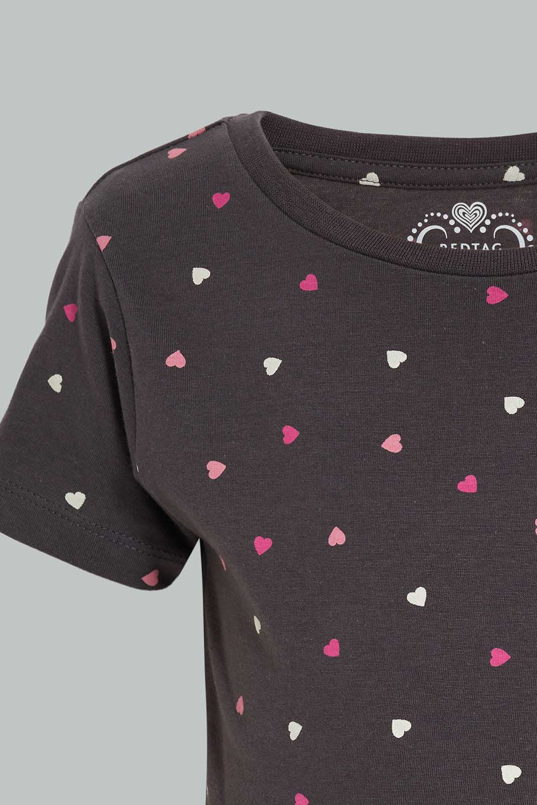 Redtag-Basic-Tee---Aop-Heart-Charcoal-Category:T-Shirts,-Colour:Charcoal,-Deals:New-In,-Filter:Girls-(2-to-8-Yrs),-GIR-T-Shirts,-New-In-GIR-APL,-Non-Sale,-Section:Girls-(0-to-14Yrs),-TBL,-W22A-Girls-2 to 8 Years