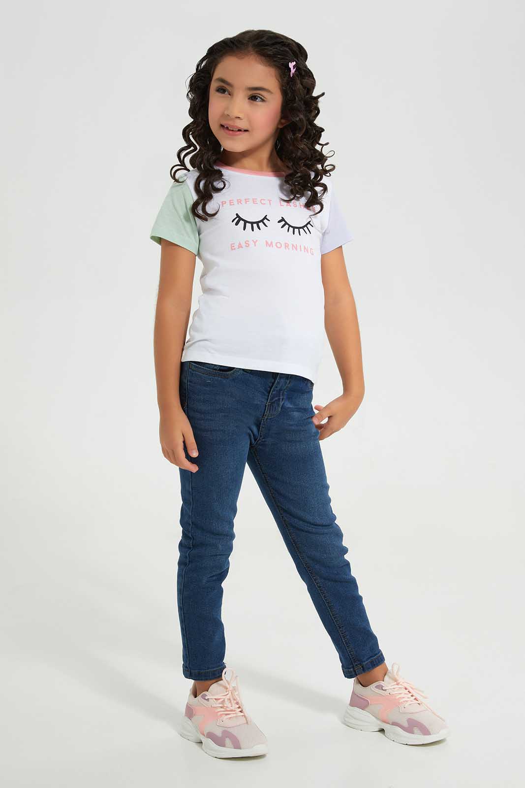 Redtag-Basic-Tee---Eyelashesh-White-Category:T-Shirts,-Colour:White,-Deals:New-In,-Filter:Girls-(2-to-8-Yrs),-GIR-T-Shirts,-New-In-GIR-APL,-Non-Sale,-Section:Girls-(0-to-14Yrs),-TBL,-W22A-Girls-2 to 8 Years