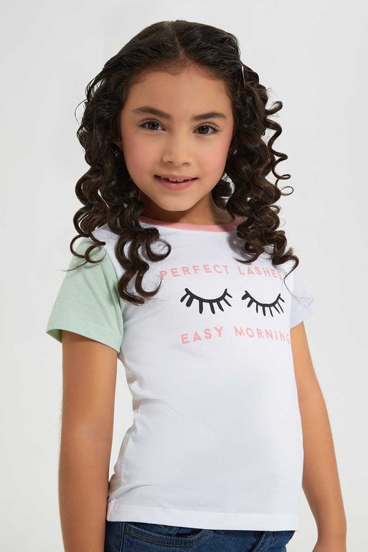 Redtag-Basic-Tee---Eyelashesh-White-Category:T-Shirts,-Colour:White,-Deals:New-In,-Filter:Girls-(2-to-8-Yrs),-GIR-T-Shirts,-New-In-GIR-APL,-Non-Sale,-Section:Girls-(0-to-14Yrs),-TBL,-W22A-Girls-2 to 8 Years