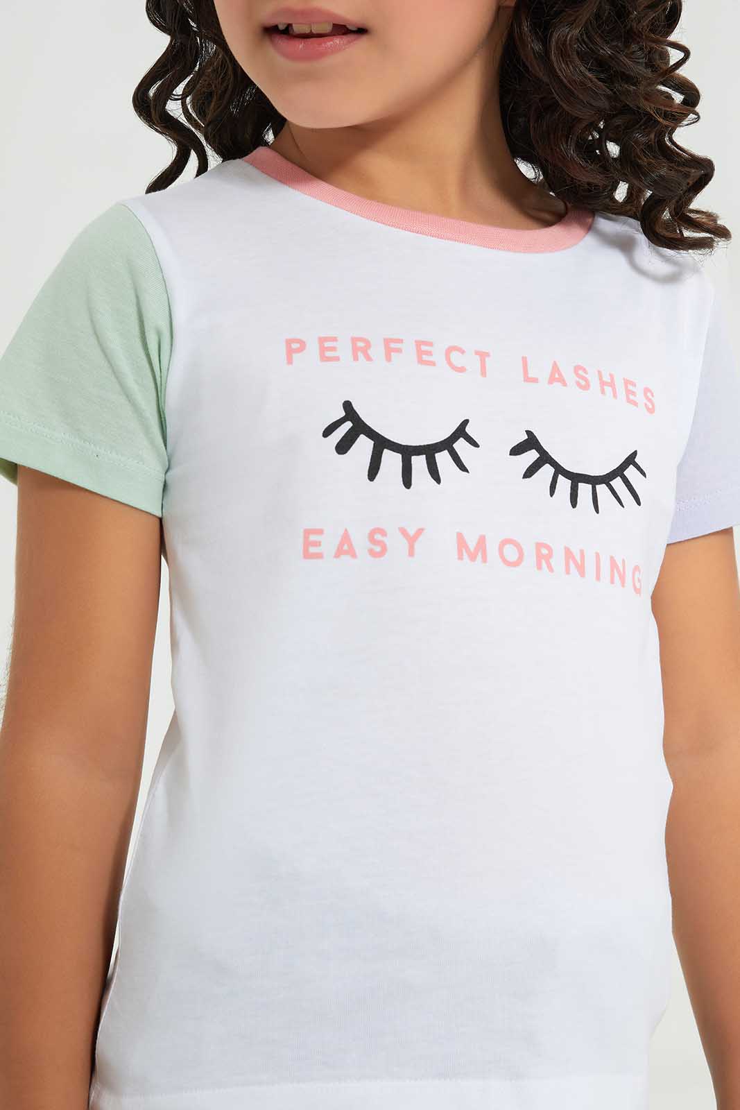 Redtag-Basic-Tee---Eyelashesh-White-Category:T-Shirts,-Colour:White,-Deals:New-In,-Filter:Girls-(2-to-8-Yrs),-GIR-T-Shirts,-New-In-GIR-APL,-Non-Sale,-Section:Girls-(0-to-14Yrs),-TBL,-W22A-Girls-2 to 8 Years