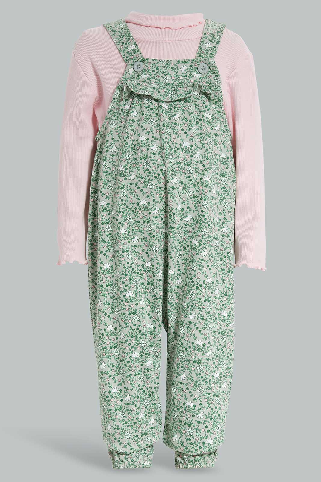 Redtag-Mint-Floral-AOP-Jumspuit-With-Pink-T-Shirt-Category:Jumpsuits,-Colour:Mint,-Deals:New-In,-Filter:Infant-Girls-(3-to-24-Mths),-ING-Jumpsuits,-New-In-ING-APL,-Non-Sale,-Section:Girls-(0-to-14Yrs),-W22A-Infant-Girls-3 to 24 Months