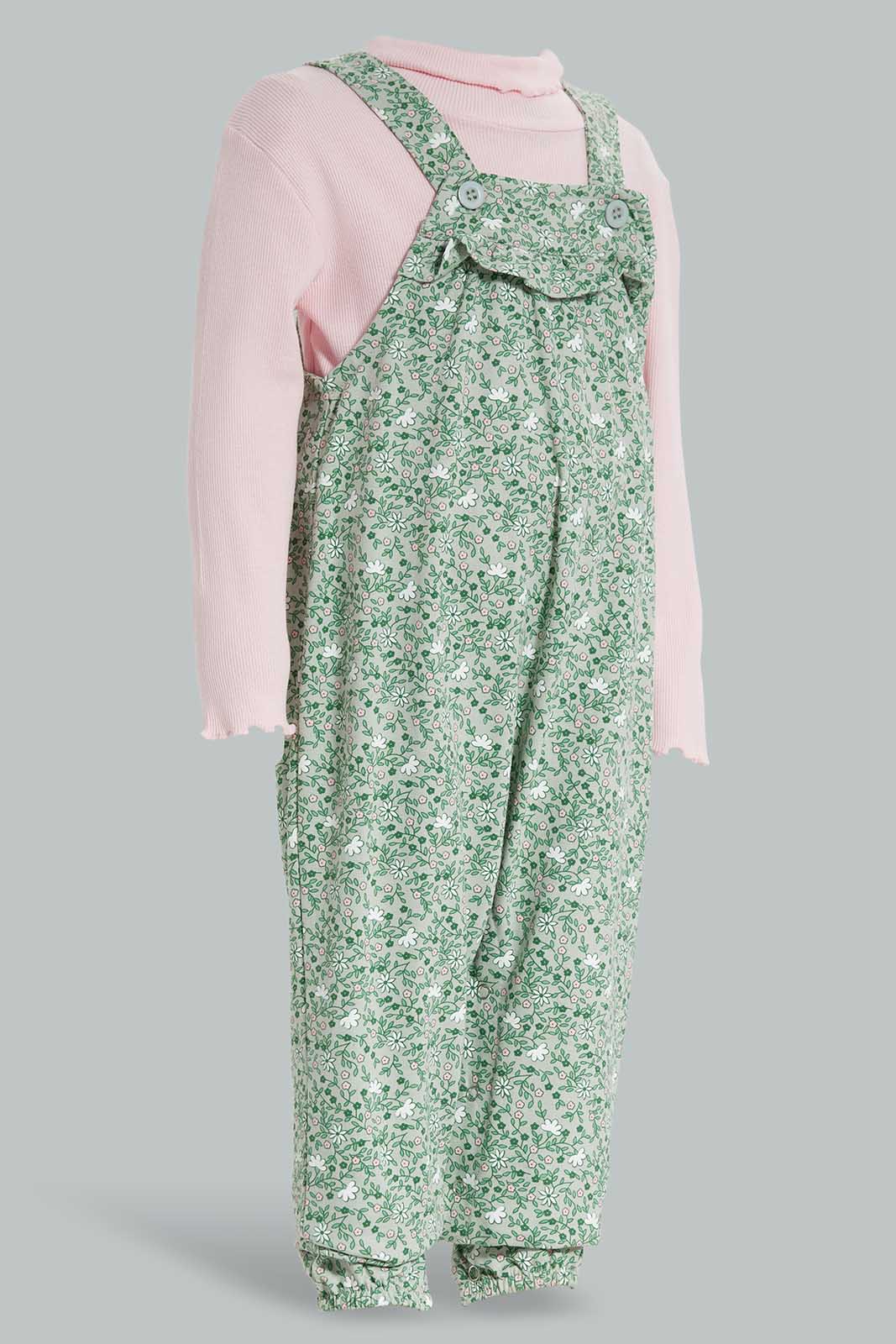 Redtag-Mint-Floral-AOP-Jumspuit-With-Pink-T-Shirt-Category:Jumpsuits,-Colour:Mint,-Deals:New-In,-Filter:Infant-Girls-(3-to-24-Mths),-ING-Jumpsuits,-New-In-ING-APL,-Non-Sale,-Section:Girls-(0-to-14Yrs),-W22A-Infant-Girls-3 to 24 Months