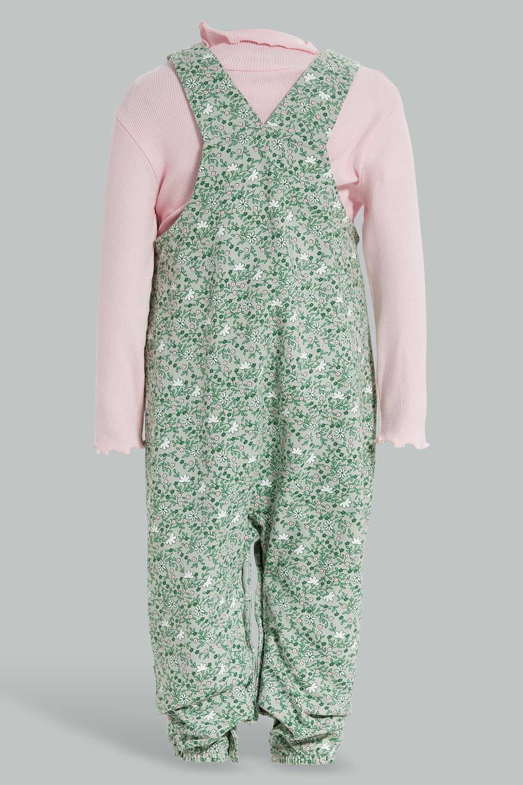 Redtag-Mint-Floral-AOP-Jumspuit-With-Pink-T-Shirt-Category:Jumpsuits,-Colour:Mint,-Deals:New-In,-Filter:Infant-Girls-(3-to-24-Mths),-ING-Jumpsuits,-New-In-ING-APL,-Non-Sale,-Section:Girls-(0-to-14Yrs),-W22A-Infant-Girls-3 to 24 Months