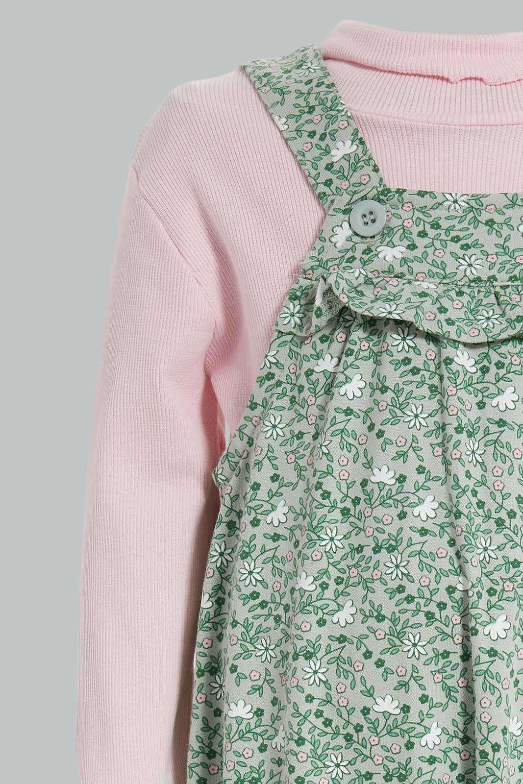 Redtag-Mint-Floral-AOP-Jumspuit-With-Pink-T-Shirt-Category:Jumpsuits,-Colour:Mint,-Deals:New-In,-Filter:Infant-Girls-(3-to-24-Mths),-ING-Jumpsuits,-New-In-ING-APL,-Non-Sale,-Section:Girls-(0-to-14Yrs),-W22A-Infant-Girls-3 to 24 Months