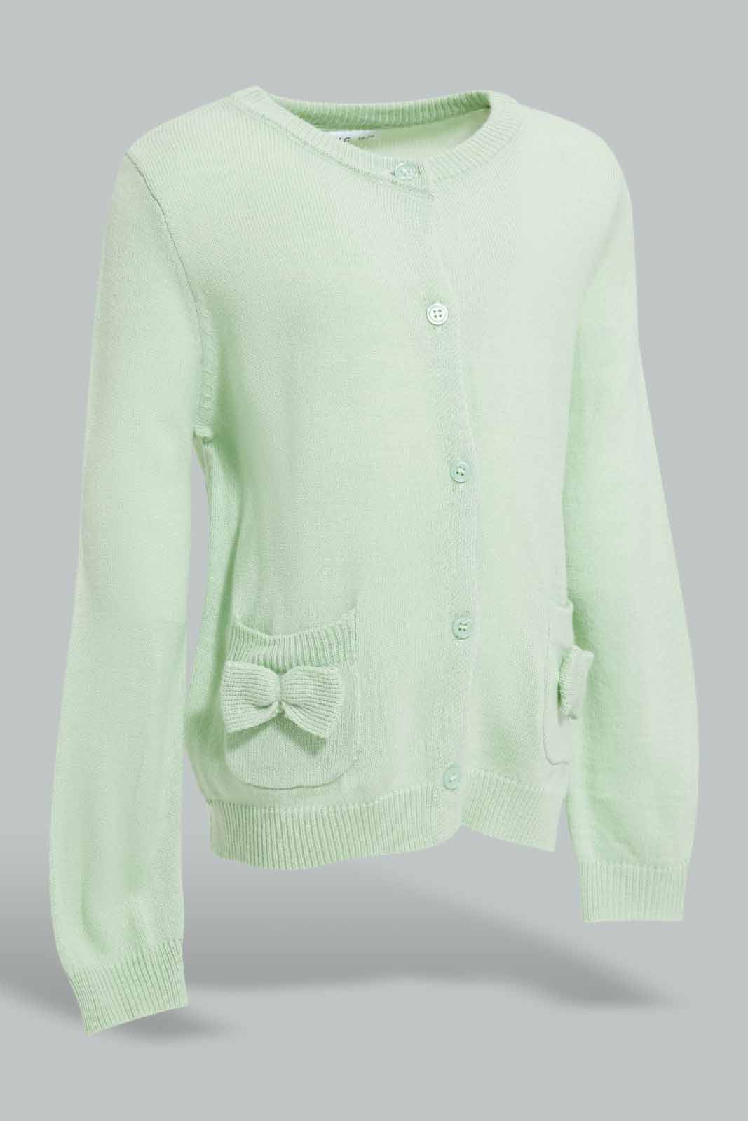Redtag-Mint-bow-Detail-pockets-cardigan-Category:Cardigans,-Colour:Mint,-Deals:New-In,-Filter:Infant-Girls-(3-to-24-Mths),-ING-Cardigans,-New-In-ING-APL,-Non-Sale,-Section:Girls-(0-to-14Yrs),-W22A-Infant-Girls-3 to 24 Months