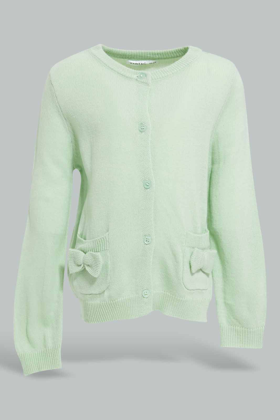 Redtag-Mint-bow-Detail-pockets-cardigan-Category:Cardigans,-Colour:Mint,-Deals:New-In,-Filter:Infant-Girls-(3-to-24-Mths),-ING-Cardigans,-New-In-ING-APL,-Non-Sale,-Section:Girls-(0-to-14Yrs),-W22A-Infant-Girls-3 to 24 Months
