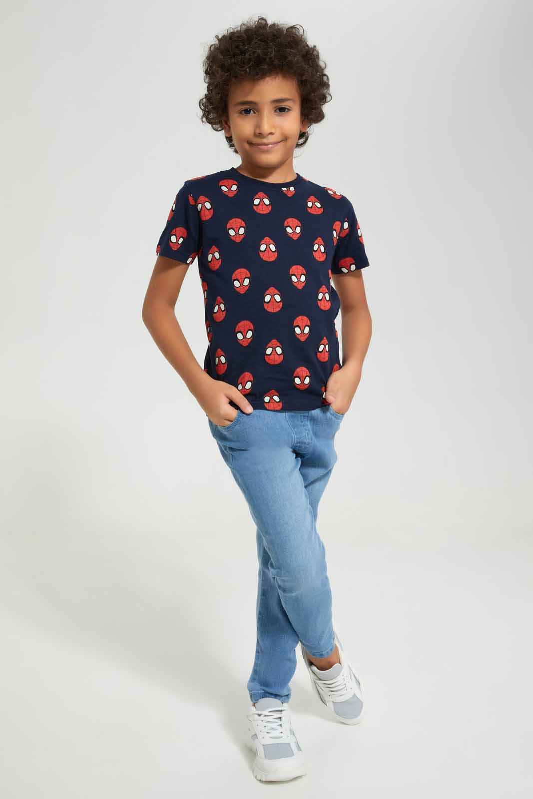 Redtag-Navy-Spiderman-AOP-Short-Sleeve-T-Shirt-BOY-T-Shirts,-Category:T-Shirts,-CHR,-Colour:Navy,-Deals:New-In,-Filter:Boys-(2-to-8-Yrs),-New-In-BOY-APL,-Non-Sale,-Section:Boys-(0-to-14Yrs),-TBL,-W22A-Boys-2 to 8 Years