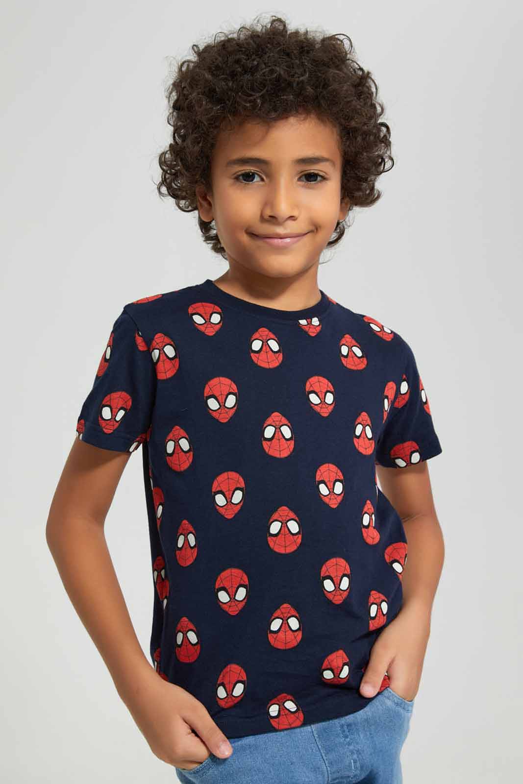 Redtag-Navy-Spiderman-AOP-Short-Sleeve-T-Shirt-BOY-T-Shirts,-Category:T-Shirts,-CHR,-Colour:Navy,-Deals:New-In,-Filter:Boys-(2-to-8-Yrs),-New-In-BOY-APL,-Non-Sale,-Section:Boys-(0-to-14Yrs),-TBL,-W22A-Boys-2 to 8 Years