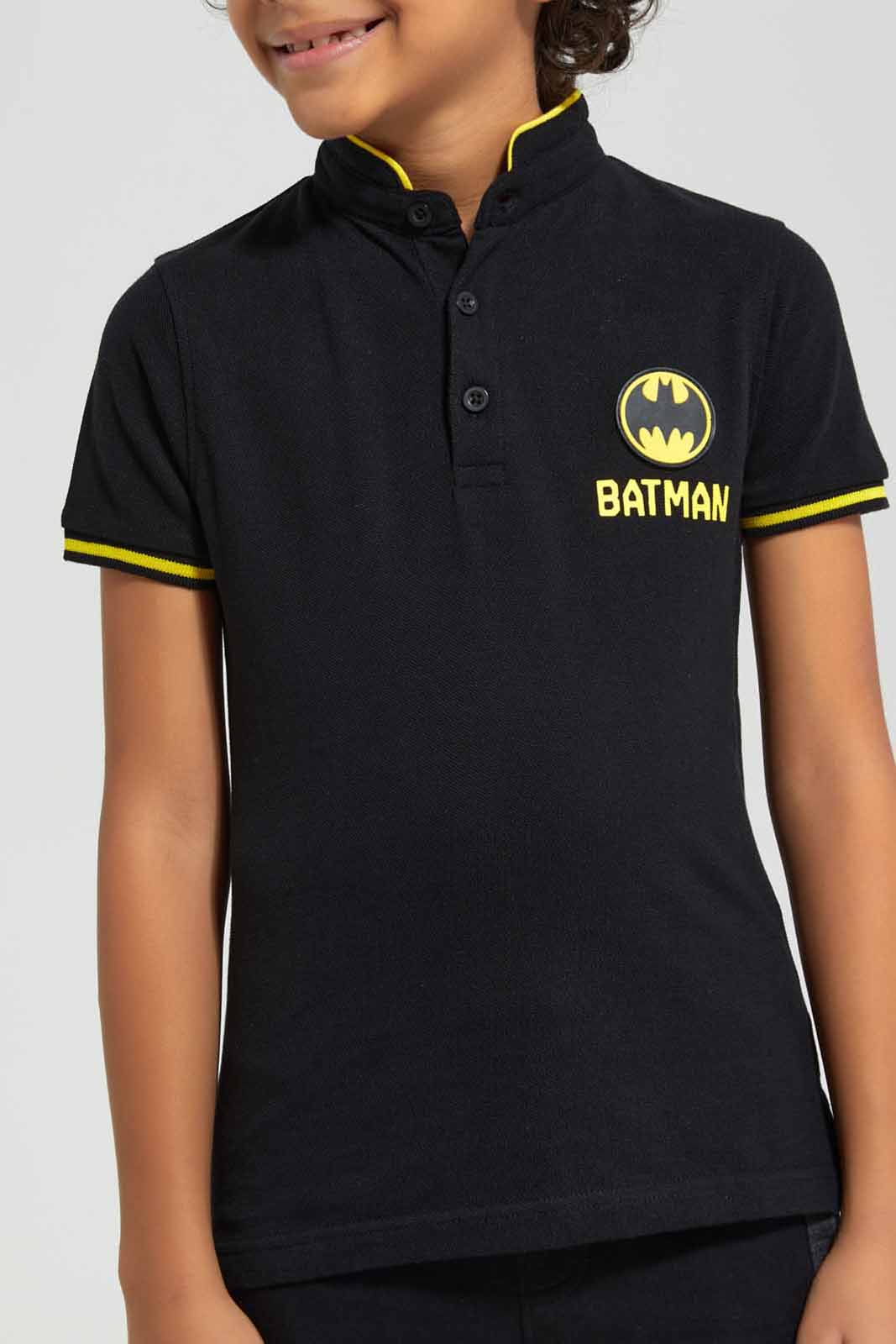 Redtag-Balck-Batman-Stand-Up-Collar-Polo-T-Shirt-BOY-Polo-T-Shirts,-Category:Polo-T-Shirts,-CHR,-Colour:Black,-Deals:New-In,-Filter:Boys-(2-to-8-Yrs),-New-In-BOY-APL,-Non-Sale,-Section:Boys-(0-to-14Yrs),-TBL,-W22A-Boys-2 to 8 Years