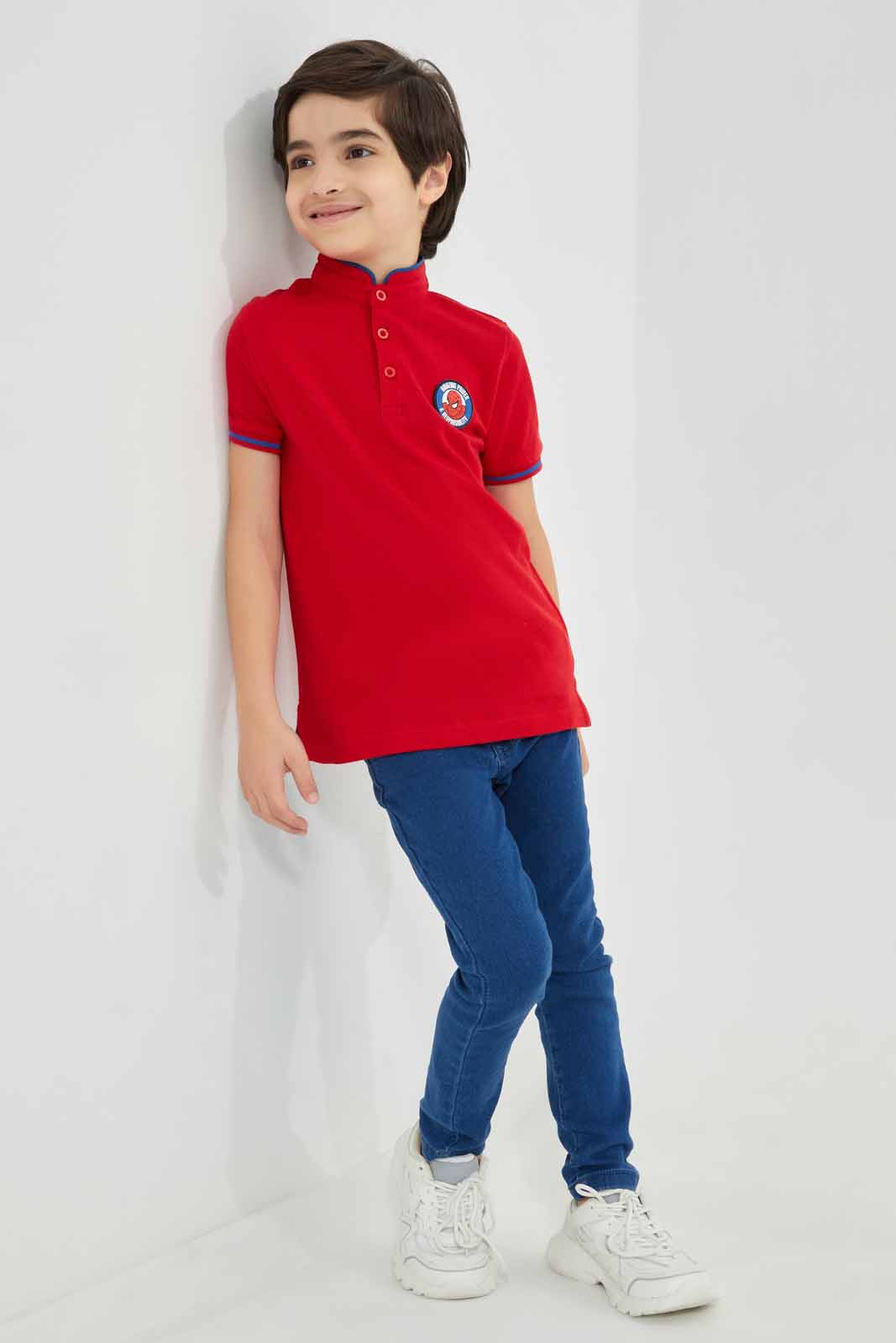 Redtag-Red-Spiderman-Stand-Up-Collar-Polo-T-Shirt-BOY-Polo-T-Shirts,-Category:Polo-T-Shirts,-CHR,-Colour:Red,-Deals:New-In,-Filter:Boys-(2-to-8-Yrs),-New-In-BOY-APL,-Non-Sale,-Section:Boys-(0-to-14Yrs),-TBL,-W22A-Boys-2 to 8 Years