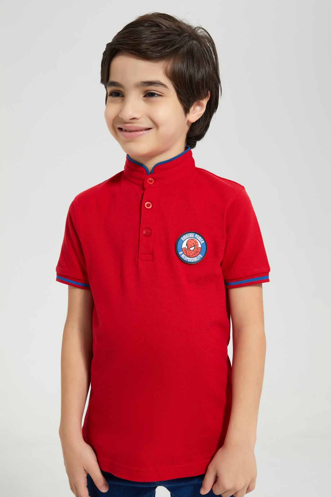 Redtag-Red-Spiderman-Stand-Up-Collar-Polo-T-Shirt-BOY-Polo-T-Shirts,-Category:Polo-T-Shirts,-CHR,-Colour:Red,-Deals:New-In,-Filter:Boys-(2-to-8-Yrs),-New-In-BOY-APL,-Non-Sale,-Section:Boys-(0-to-14Yrs),-TBL,-W22A-Boys-2 to 8 Years