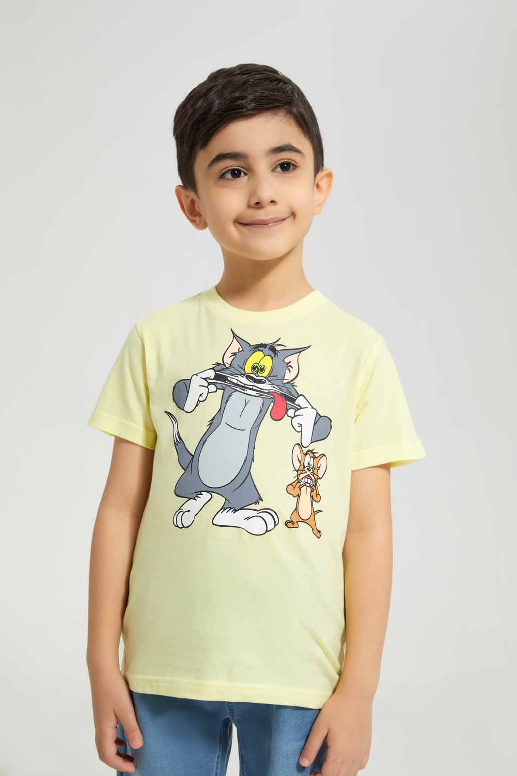 Redtag-Yellow-Tom-And-Jerry-Graphic-Character-Short-Sleeve-T-Shirt-BOY-T-Shirts,-Category:T-Shirts,-CHR,-Colour:Yellow,-Deals:New-In,-Filter:Boys-(2-to-8-Yrs),-New-In-BOY-APL,-Non-Sale,-Section:Boys-(0-to-14Yrs),-TBL,-W22A-Boys-2 to 8 Years