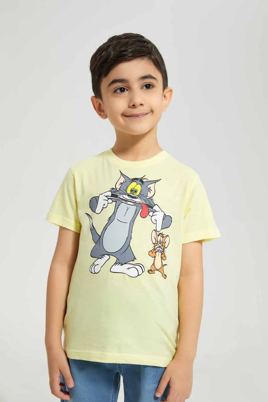 Redtag-Yellow-Tom-And-Jerry-Graphic-Character-Short-Sleeve-T-Shirt-BOY-T-Shirts,-Category:T-Shirts,-CHR,-Colour:Yellow,-Deals:New-In,-Filter:Boys-(2-to-8-Yrs),-New-In-BOY-APL,-Non-Sale,-Section:Boys-(0-to-14Yrs),-TBL,-W22A-Boys-2 to 8 Years