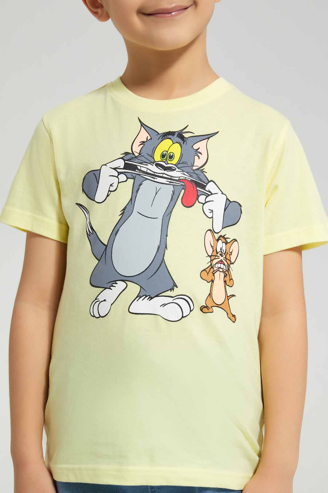 Redtag-Yellow-Tom-And-Jerry-Graphic-Character-Short-Sleeve-T-Shirt-BOY-T-Shirts,-Category:T-Shirts,-CHR,-Colour:Yellow,-Deals:New-In,-Filter:Boys-(2-to-8-Yrs),-New-In-BOY-APL,-Non-Sale,-Section:Boys-(0-to-14Yrs),-TBL,-W22A-Boys-2 to 8 Years