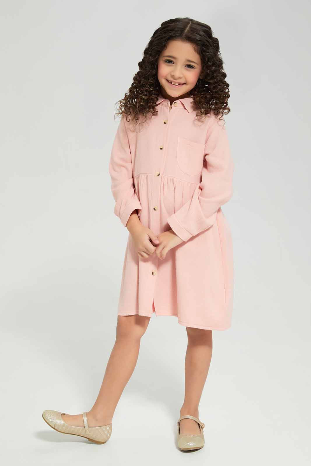 Redtag-Peach-Collar-Dress-Category:Dresses,-Colour:Apricot,-Deals:New-In,-Filter:Girls-(2-to-8-Yrs),-GIR-Dresses,-New-In-GIR-APL,-Non-Sale,-Section:Girls-(0-to-14Yrs),-W22A-Girls-2 to 8 Years