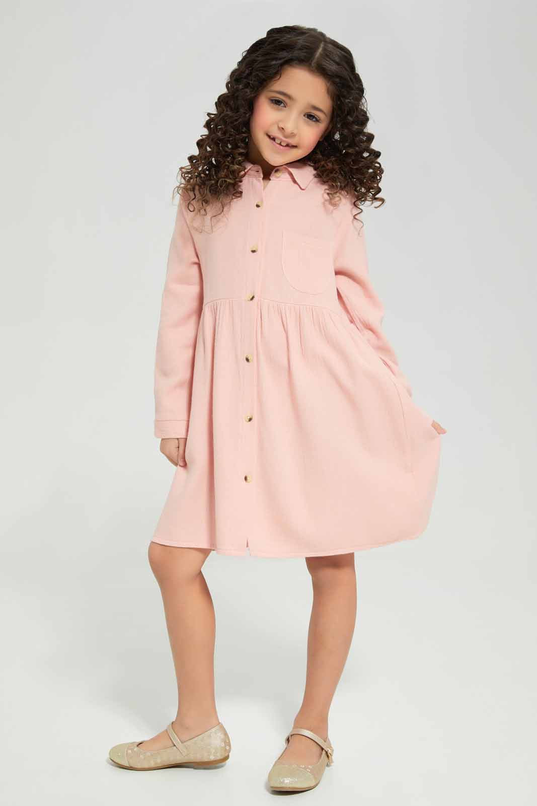 Redtag-Peach-Collar-Dress-Category:Dresses,-Colour:Apricot,-Deals:New-In,-Filter:Girls-(2-to-8-Yrs),-GIR-Dresses,-New-In-GIR-APL,-Non-Sale,-Section:Girls-(0-to-14Yrs),-W22A-Girls-2 to 8 Years