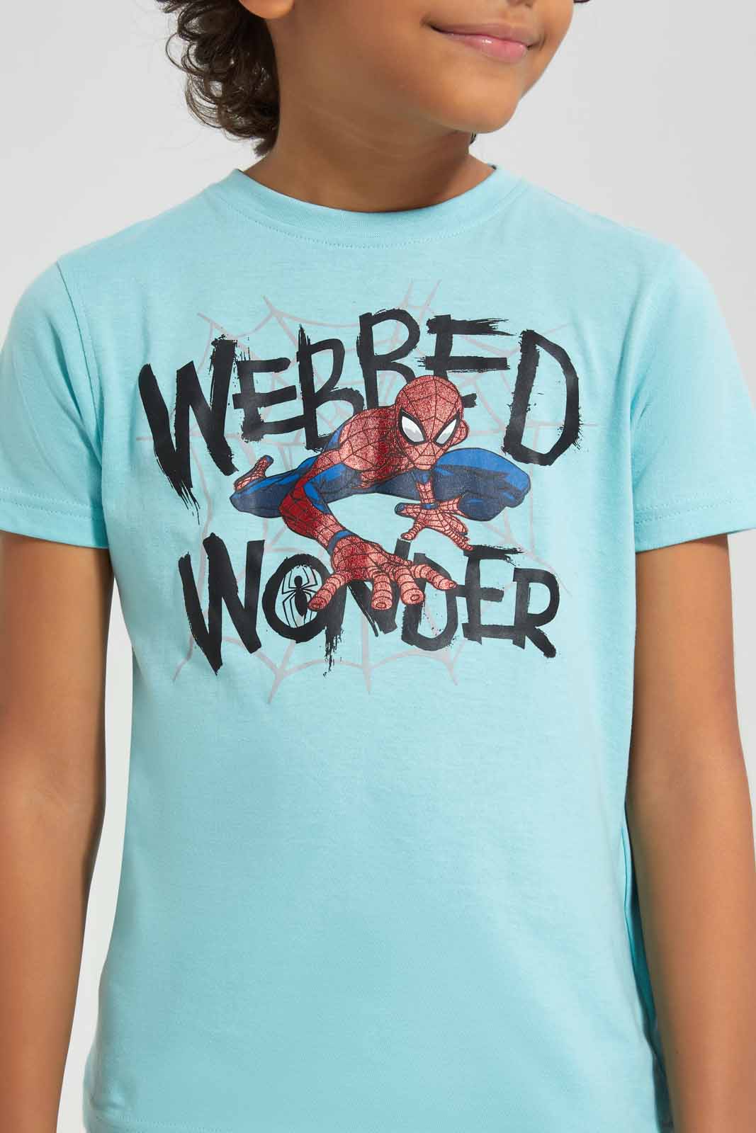 Redtag-Blue-Spidrman-Graphic-Character-Short-Sleeve-T-Shirt-BOY-T-Shirts,-Category:T-Shirts,-CHR,-Colour:Blue,-Deals:New-In,-Filter:Boys-(2-to-8-Yrs),-New-In-BOY-APL,-Non-Sale,-Section:Boys-(0-to-14Yrs),-TBL,-W22A-Boys-2 to 8 Years