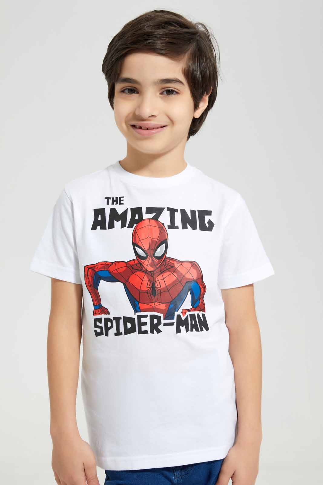 Redtag-White-Spiderman-Graphic-Character-Short-Sleeve-T-Shirt-BOY-T-Shirts,-Category:T-Shirts,-CHR,-Colour:White,-Deals:New-In,-Filter:Boys-(2-to-8-Yrs),-New-In-BOY-APL,-Non-Sale,-Section:Boys-(0-to-14Yrs),-TBL,-W22A-Boys-2 to 8 Years