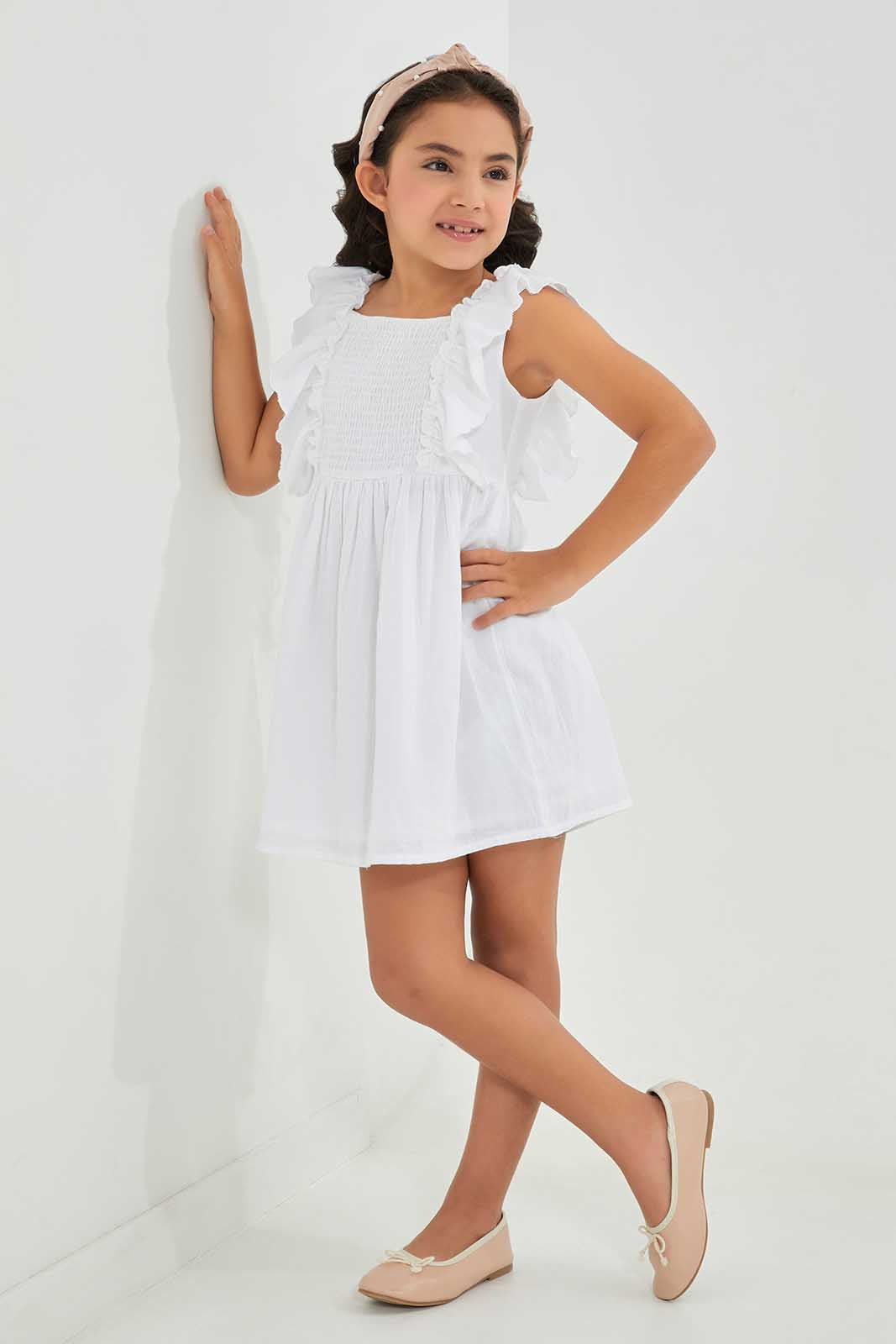 Redtag-White-With-Ruffel-Sleeve-Dress-Category:Dresses,-Colour:White,-Deals:New-In,-Filter:Girls-(2-to-8-Yrs),-GIR-Dresses,-New-In-GIR-APL,-Non-Sale,-Section:Girls-(0-to-14Yrs),-W22A-Girls-2 to 8 Years