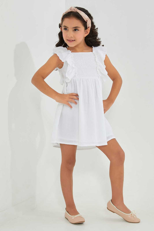 Redtag-White-With-Ruffel-Sleeve-Dress-Category:Dresses,-Colour:White,-Deals:New-In,-Filter:Girls-(2-to-8-Yrs),-GIR-Dresses,-New-In-GIR-APL,-Non-Sale,-Section:Girls-(0-to-14Yrs),-W22A-Girls-2 to 8 Years