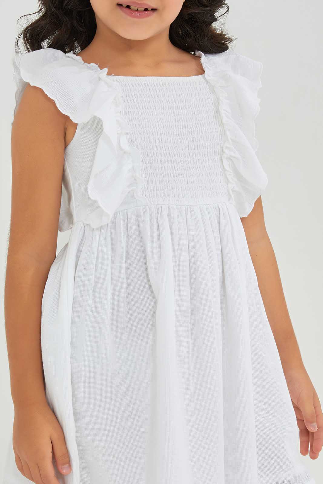Redtag-White-With-Ruffel-Sleeve-Dress-Category:Dresses,-Colour:White,-Deals:New-In,-Filter:Girls-(2-to-8-Yrs),-GIR-Dresses,-New-In-GIR-APL,-Non-Sale,-Section:Girls-(0-to-14Yrs),-W22A-Girls-2 to 8 Years